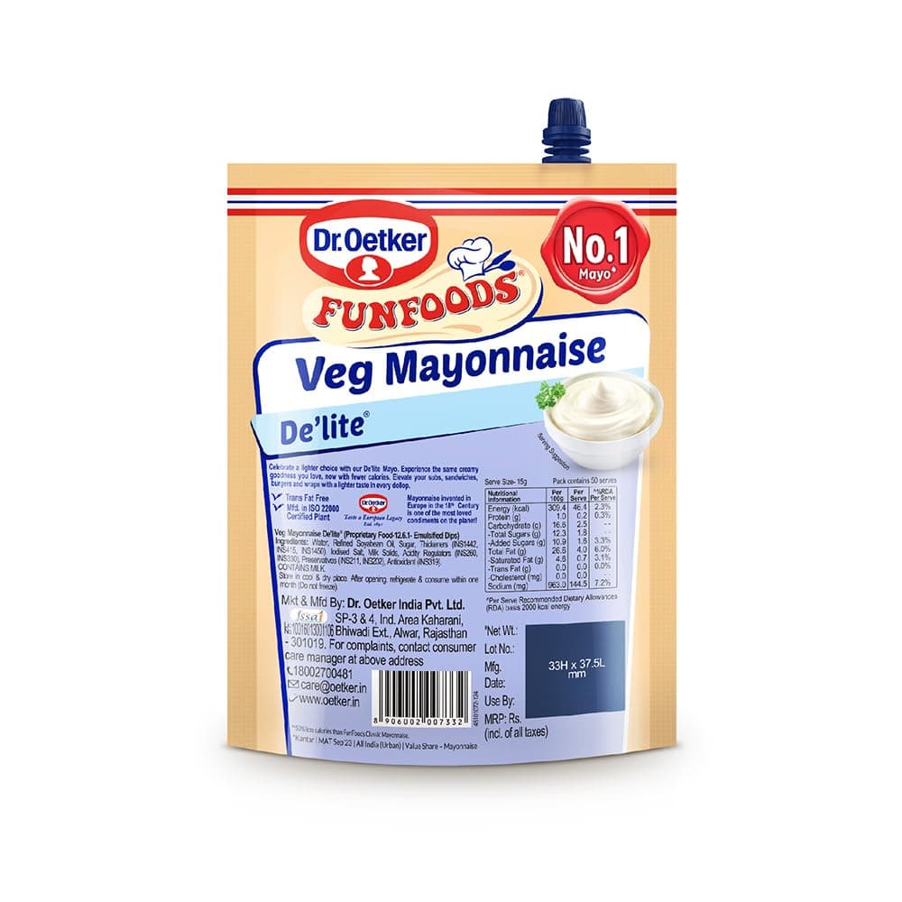 Dr. Oetker FunFoods Veg Mayonnaise De’lite 750g | Low Calorie Eggless Mayo | Creamy & Light Tasting | No Cholesterol or Trans Fat | Ideal for Sandwiches, Burgers, Wraps, Salads & Dips — image 5