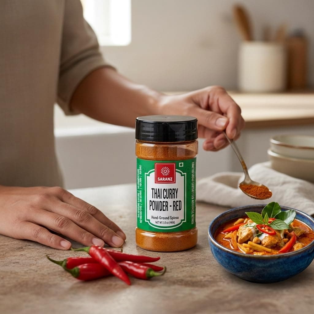 SARANZ Thai Red Curry Powder (Jain), 100g Sprinkler Jar | Authentic Thai Style Spice Blend, For Soups, Stews, Broths, Rice & Noodles, No Added Colours — image 4