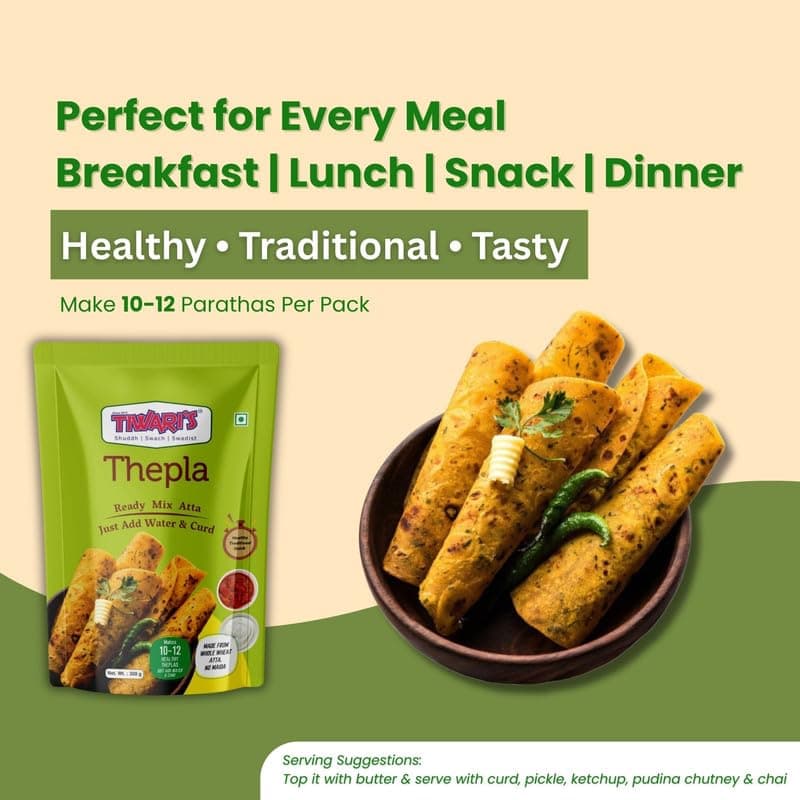 Tiwari’s Thepla Paratha/Poori Ready-To-Use Atta Mix | 100% Vegetarian, Vegan Instant Healthy High Protein & Fiber Flatbread Mix With No Preservatives, No Onion & Garlic | 300gm, Pack of 1 — image 6