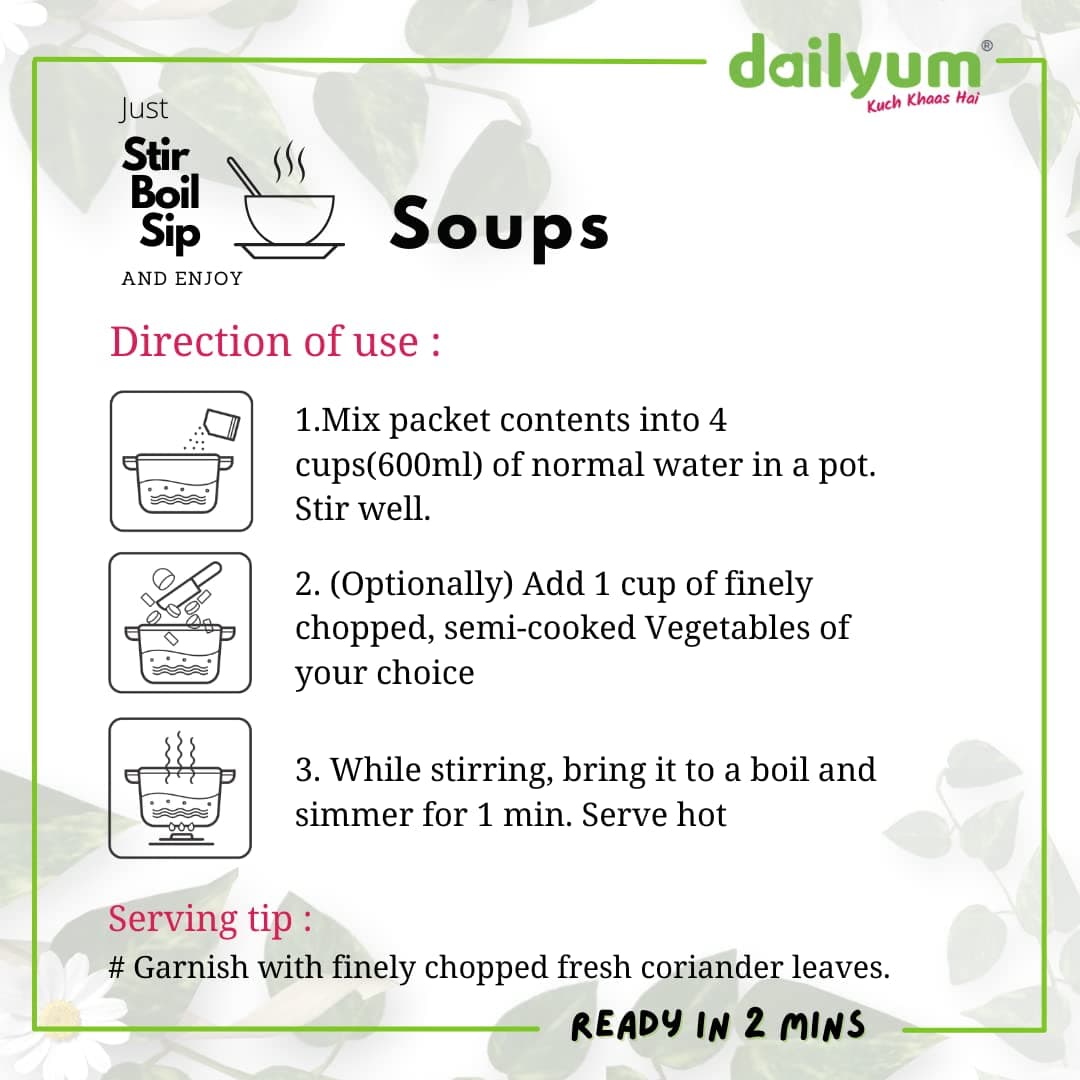 Dailyum Instant Soup Combo of 5 | No Onion No Garlic | Manchow Soup 50g | SweetCorn Soup 50g | Tomato Soup 50g | Green Veg. Soup 50g | Crispy Fried Noodles 200g| Jain — image 9