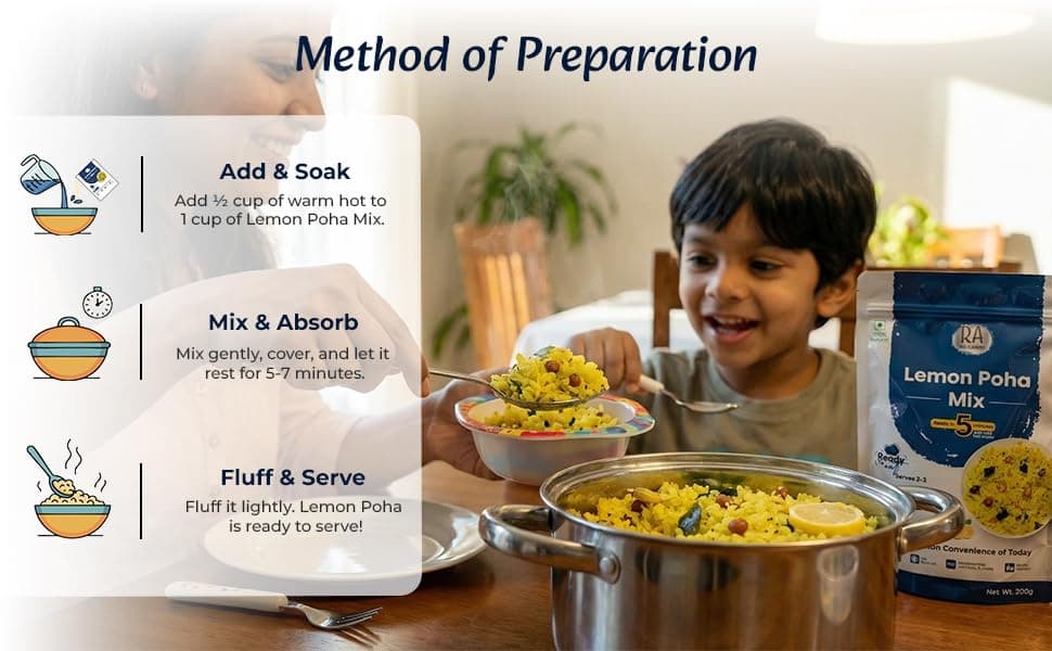 RA Desi Flavors Instant Lemon Poha Mix 2x200g | Ready in 5 min- Just add hot water | Breakfast & Snack | No preservatives | Nutritionist crafted | Vegan | No Onion & Garlic | Travel friendly — image 2