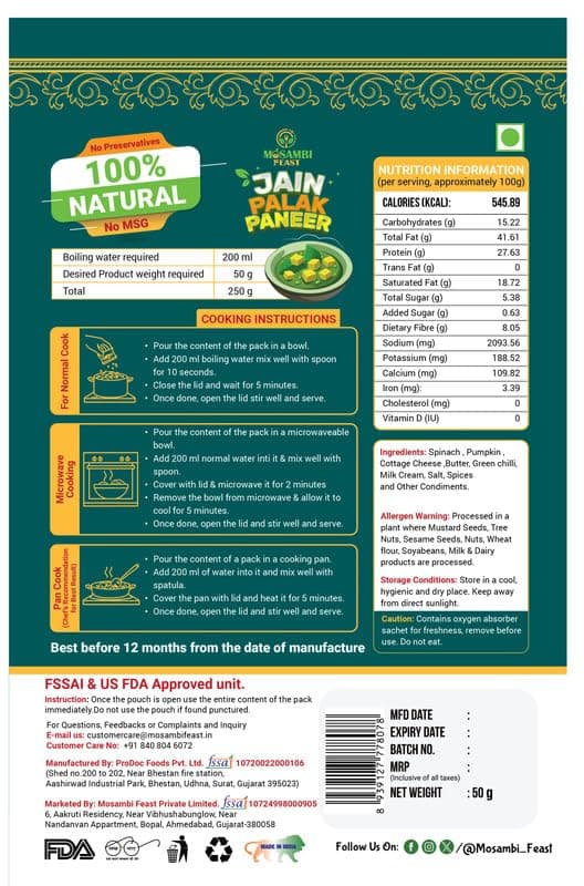 MOSAMBI FEAST Ready-to-Eat Jain Palak Paneer | 100% Natural Zero Preservatives | Rich Creamy Authentic Indian Flavors | Premium Vegetarian Ingredients — image 2
