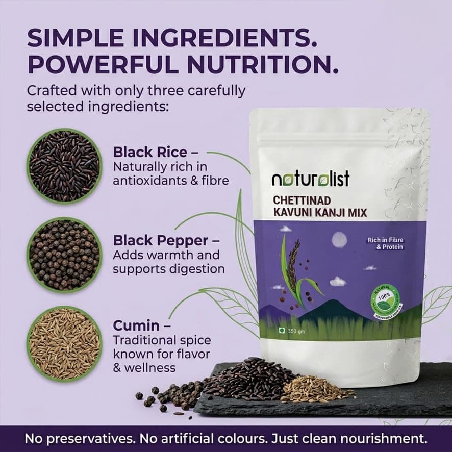 Naturalist by Avany Organics 350 gm Chettinad Kavuni Kanji mix | Black Rice Porridge mix | 100% Natural | Chemical Free | Fibre and Protein Rich Healthy Meal - 350 grams — image 4