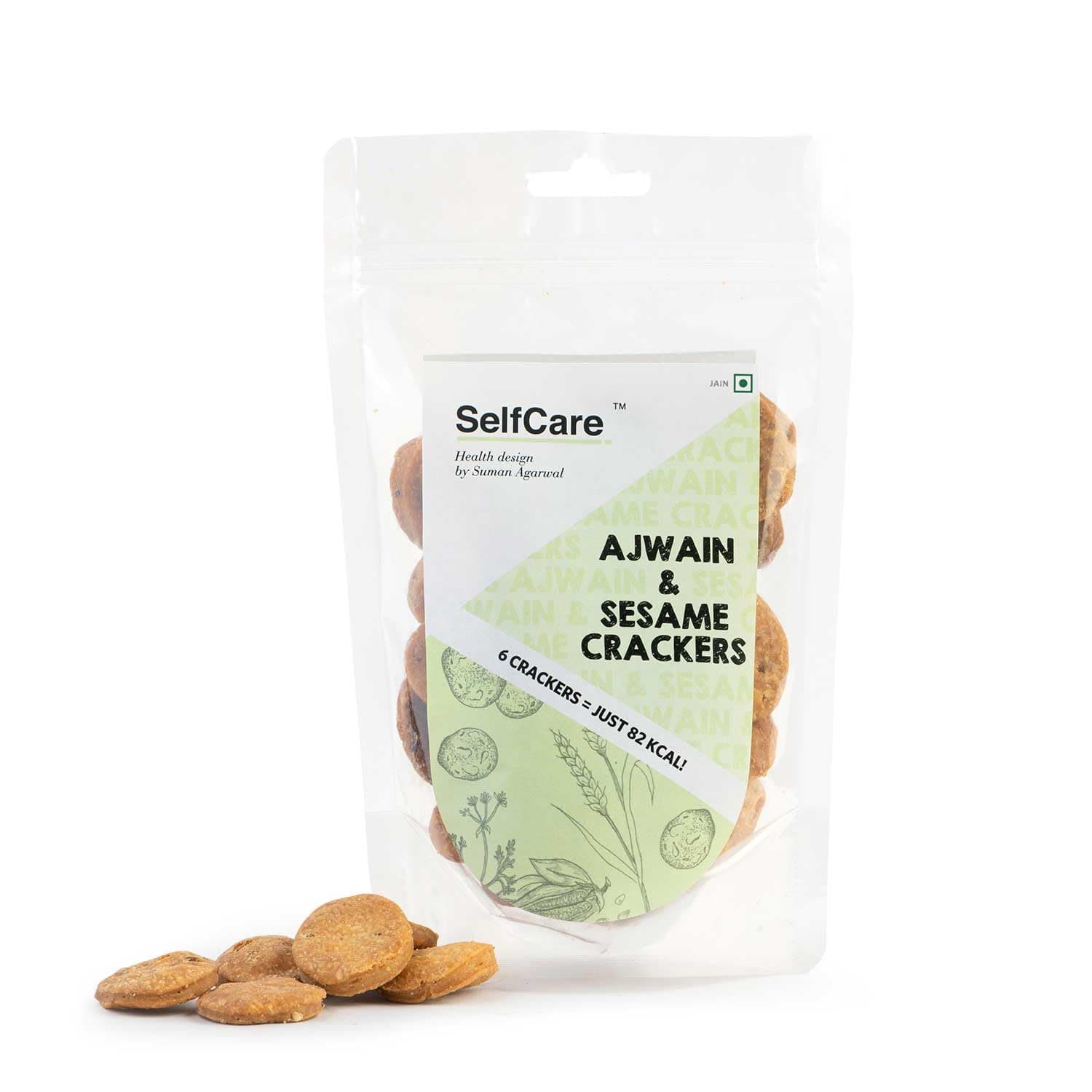 SelfCare By Suman Agarwal Ajwain & Sesame Crackers Pack of 1 125g | Baked - Healthy - Vegan | Snacks - Namkeen - Grocery | Spicy Crunchy & Chatpata - Tea time Snacking | Jain & Travel Friendly