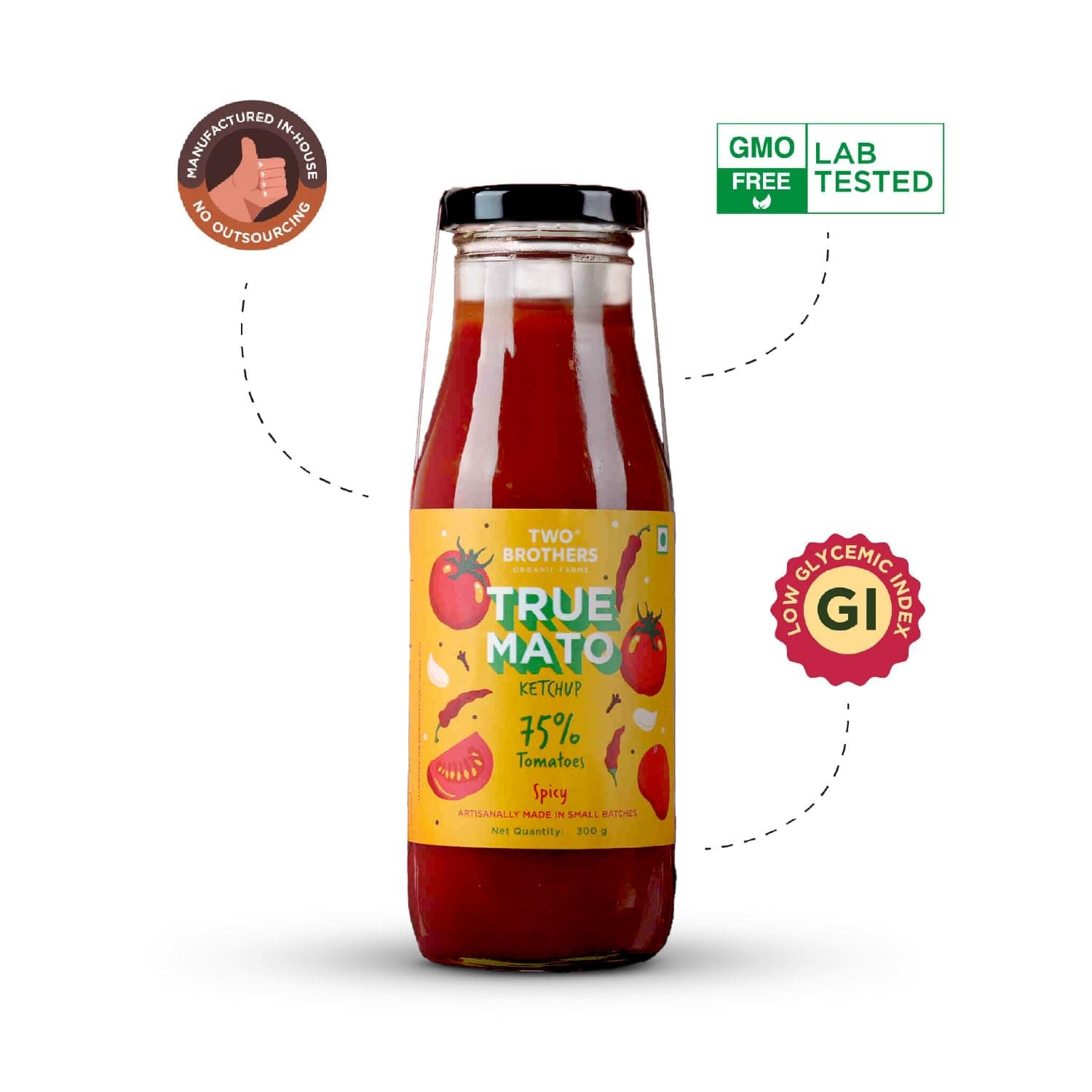 Two Brothers Organic Farms Truemato Ketchup - Spicy Tomato Ketchup 300g | Naturally Made with 75% Fresh Tomatoes | No Refined Sugar | Upgraded — image 3