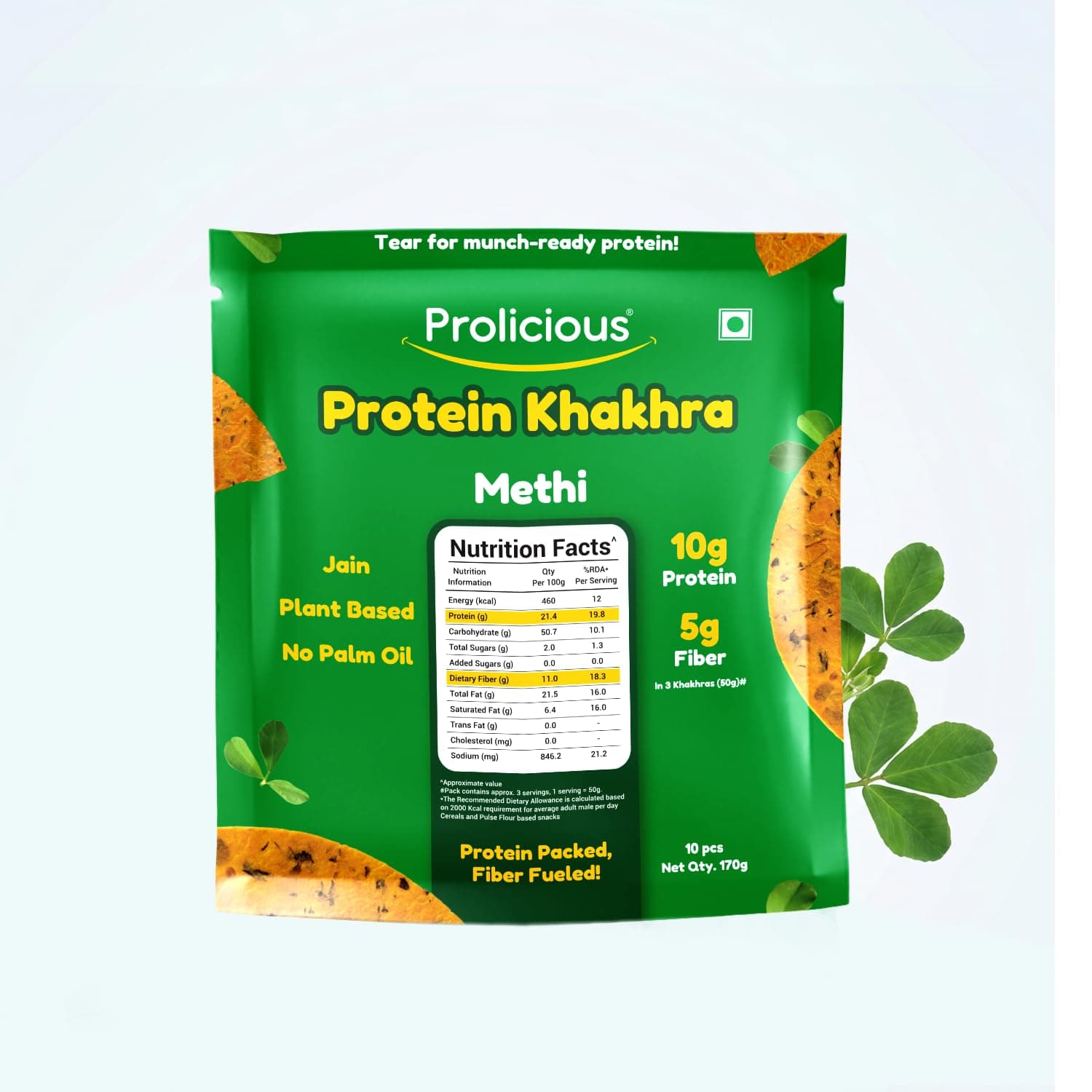 Prolicious Khakhra Methi High Protein Khakhra | Upgrade Your Snacking | 10g Protein + 5g Fibre | Same Crunch, Snack Smarter | Plant Based, Jain | No Palm Oil | 170g