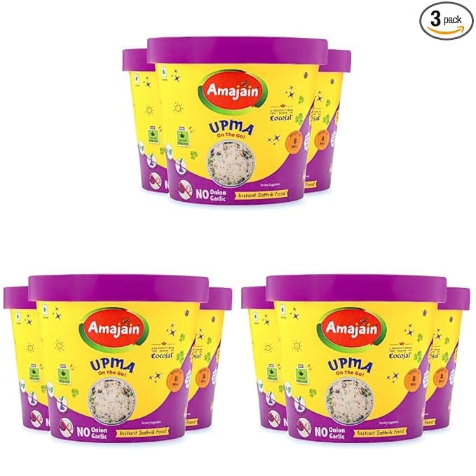Amajain Instant Sattvik Healthy Upma, Ready-to-Eat, No Added Preservatives, No Added Flavours, Jain-Friendly, 70g (Pack of 9)