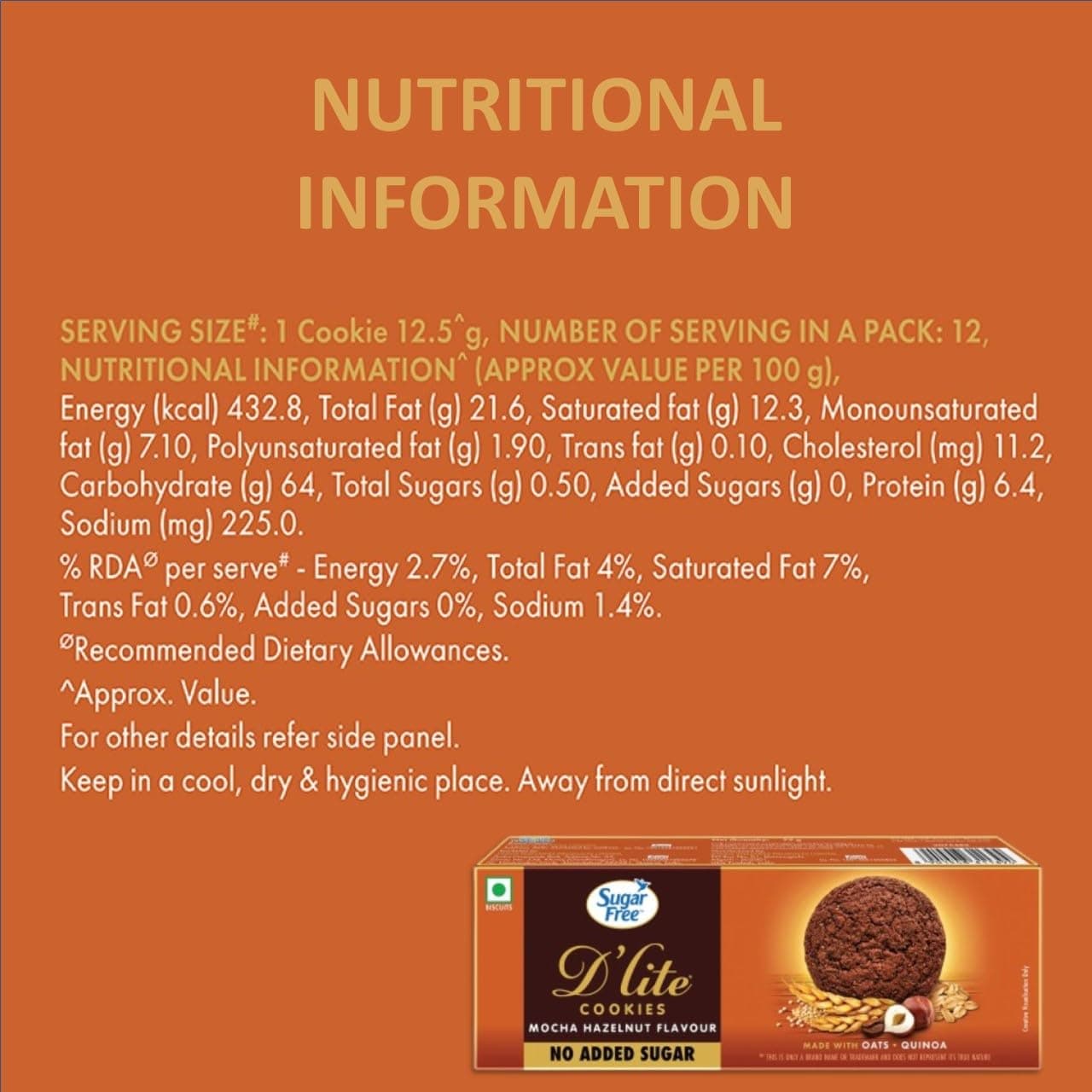 Sugar Free D'lite Mocha Hazelnut Flavour Cookies | Zero Added Sugar | Made With Oats & Quinoa, 75 Gram — image 6