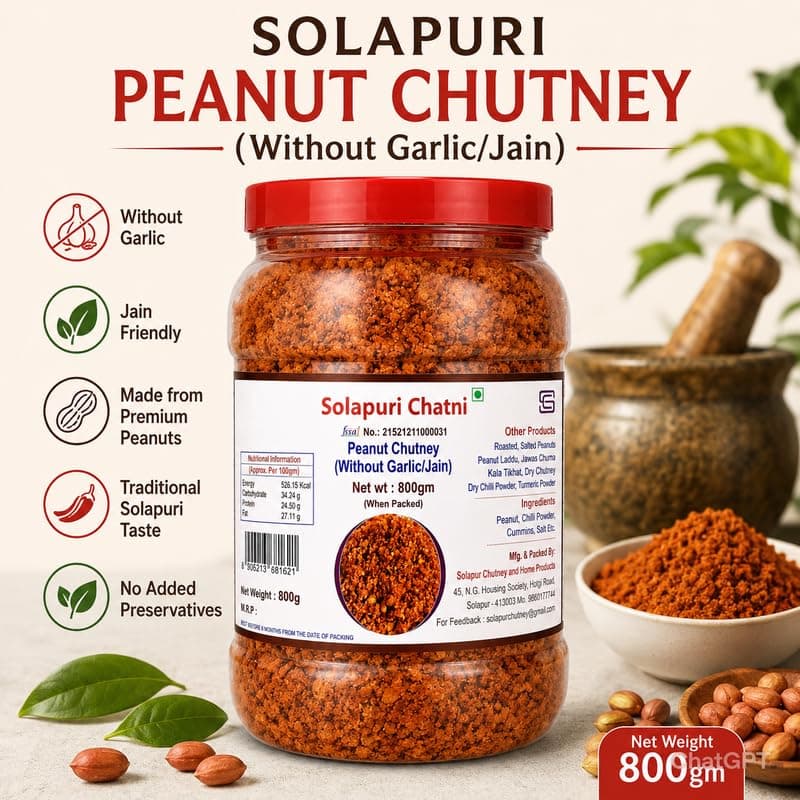 Solapuri Peanut Chutney Without Garlic Jain Style 800g Authentic Maharashtrian Dry Peanut Chutney Spicy Groundnut Chutney Powder for Bhakri Vada Pav Dosa Snacks Traditional Solapur Taste — image 3