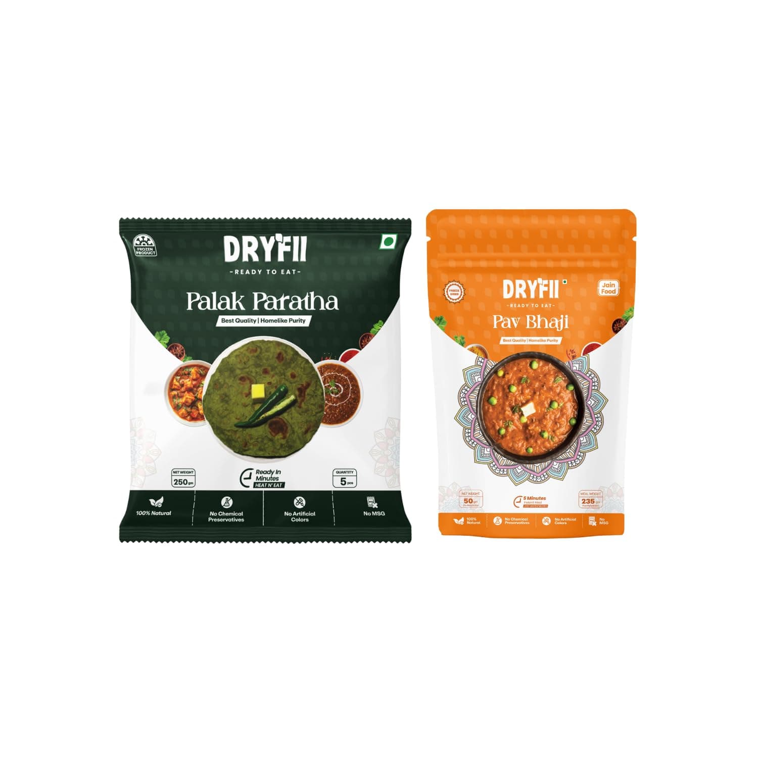Dryfii Ready-to-Eat Palak Paratha (5 Pcs | 1 Pack) with Jain Pav Bhaji | Street Style No Onion No Garlic Meal | Pure Vegetarian