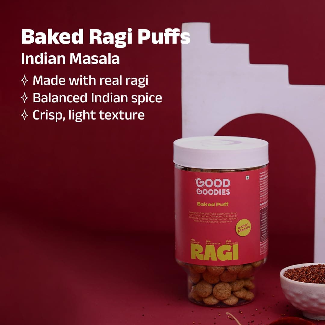 Good Goodies Baked Ragi Puff Indian Masala | Baked Not Fried | Millet-Based Snack | No Maida, No Palm Oil, No Maltodextrin | No Artificial Colours or Preservatives | Light & Crunchy | Diet-Friendly | 100g | Pack of 1 — image 6