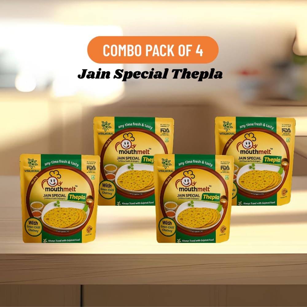 Mouthmelt Jain Special Thepla Pack of 4 | Ready to Eat,Rosted, Not Fried | without Garlic & Ginger | 3 Month Shelf Life- Free Green Chutney - Gujarati Snack (200G x 4 Packets, 6 pcs in 1 pack) - 800 Grams — image 2