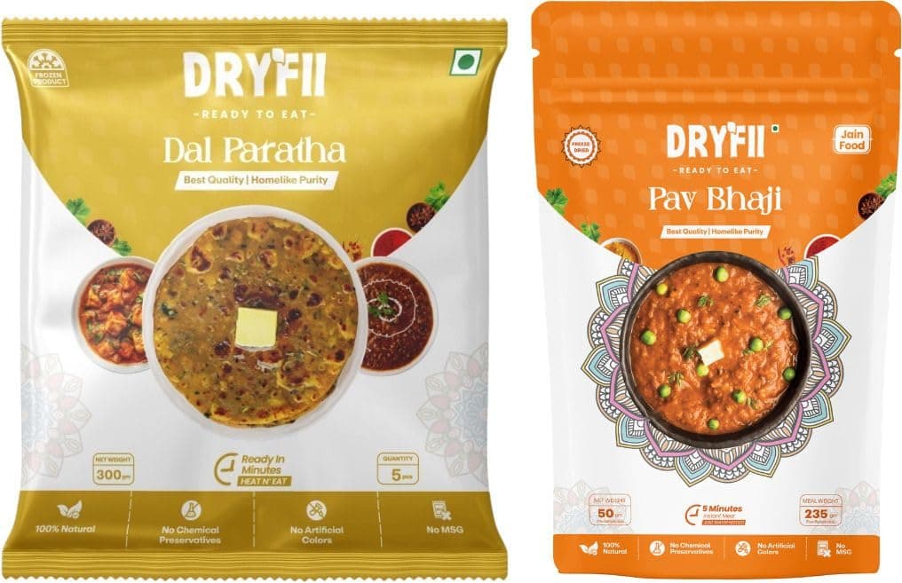 Dryfii Ready-to-Eat Dal Paratha (5 Pcs Parathas) with Jain Pav Bhaji | Veg Combo Meal | Pure Vegetarian