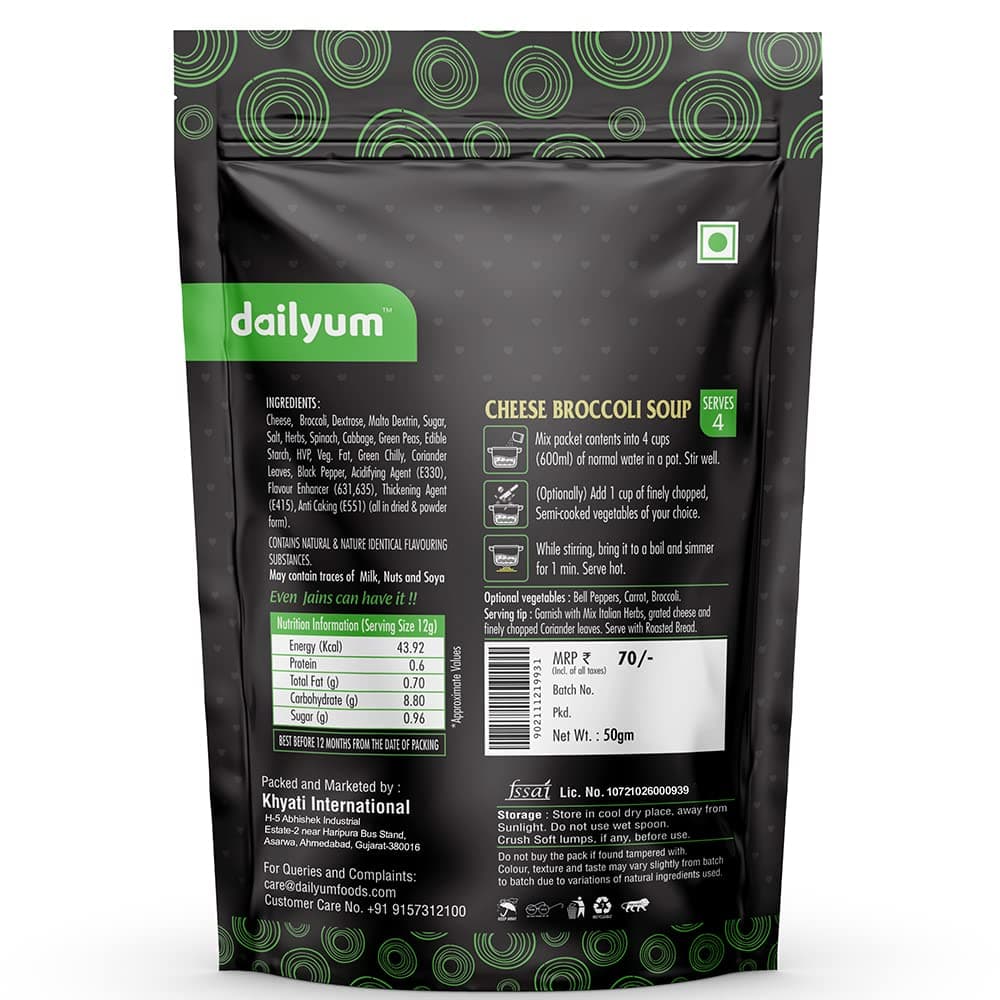 Dailyum Premium Instant Cheese Broccoli Soup | No Onion No Garlic | Pack of 5 | Ready To Eat Instant Soup |100% Natural | No MSG | Serves 5 * 4 | 50g Each | Jain — image 4