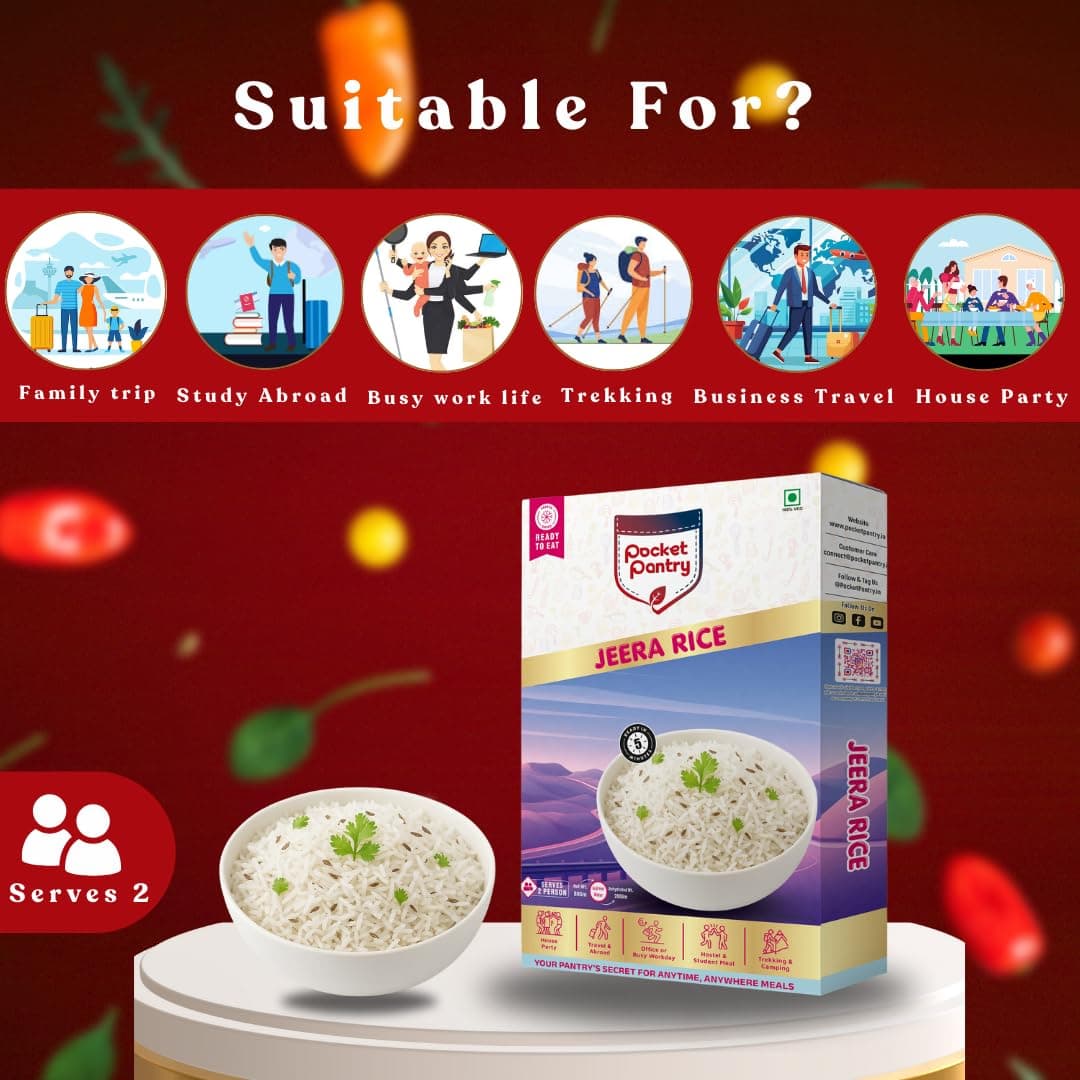 Pocket Pantry Ready to Eat Jeera Rice (Jain) | Freeze Dried |Rehydrated Wt 220gm | No Palm Oil, No Preservatives | 100% Natural | Dry Wt 80g | Serves 2 |Instant Meal — image 5