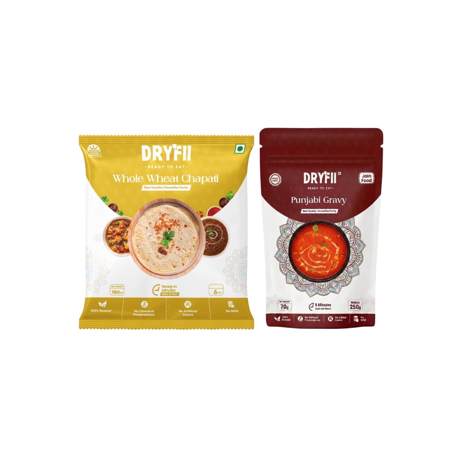 Dryfii Jain Ready-to-Eat Chapati (6 Pcs | 1 Pack) with Jain Red Gravy | No Onion No Garlic Sattvic Meal | Healthy Instant Veg Food | Travel Friendly Lunch & Dinner Pack | Pure Vegetarian