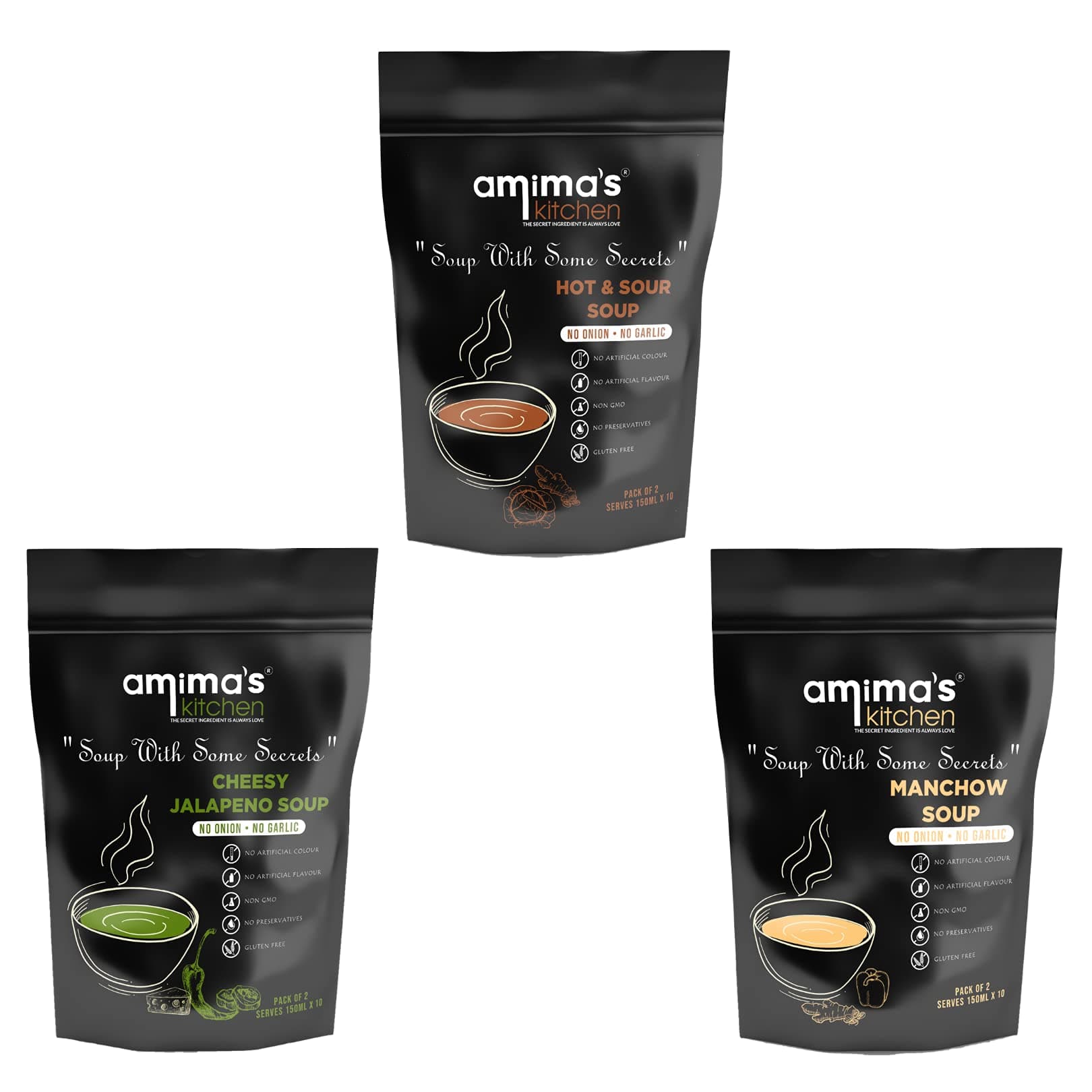 Amima's Kitchen Combo Of Hot & Sour + Cheesy Jalapeno + Manchow Jain Soup (No Onion No Garlic) - 100 Grams (Pack of 3) | Instant Soup Mix Powder | Ready To Cook | No Artificial Flavour & Colour | Gluten Free | Non GMO | Healthy Soup — image 2