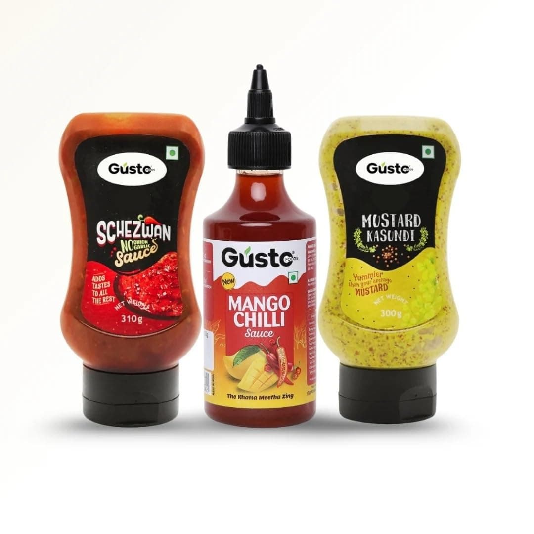 Gusto Foods No Onion No Garlic Combo (Schezwan Sauce, 310gm + Mustard Kasundi, 300gm + Mango Chilli, 240gm) | No chopping, grinding | No extra prep needed | Versatile spicy‑sauce pack