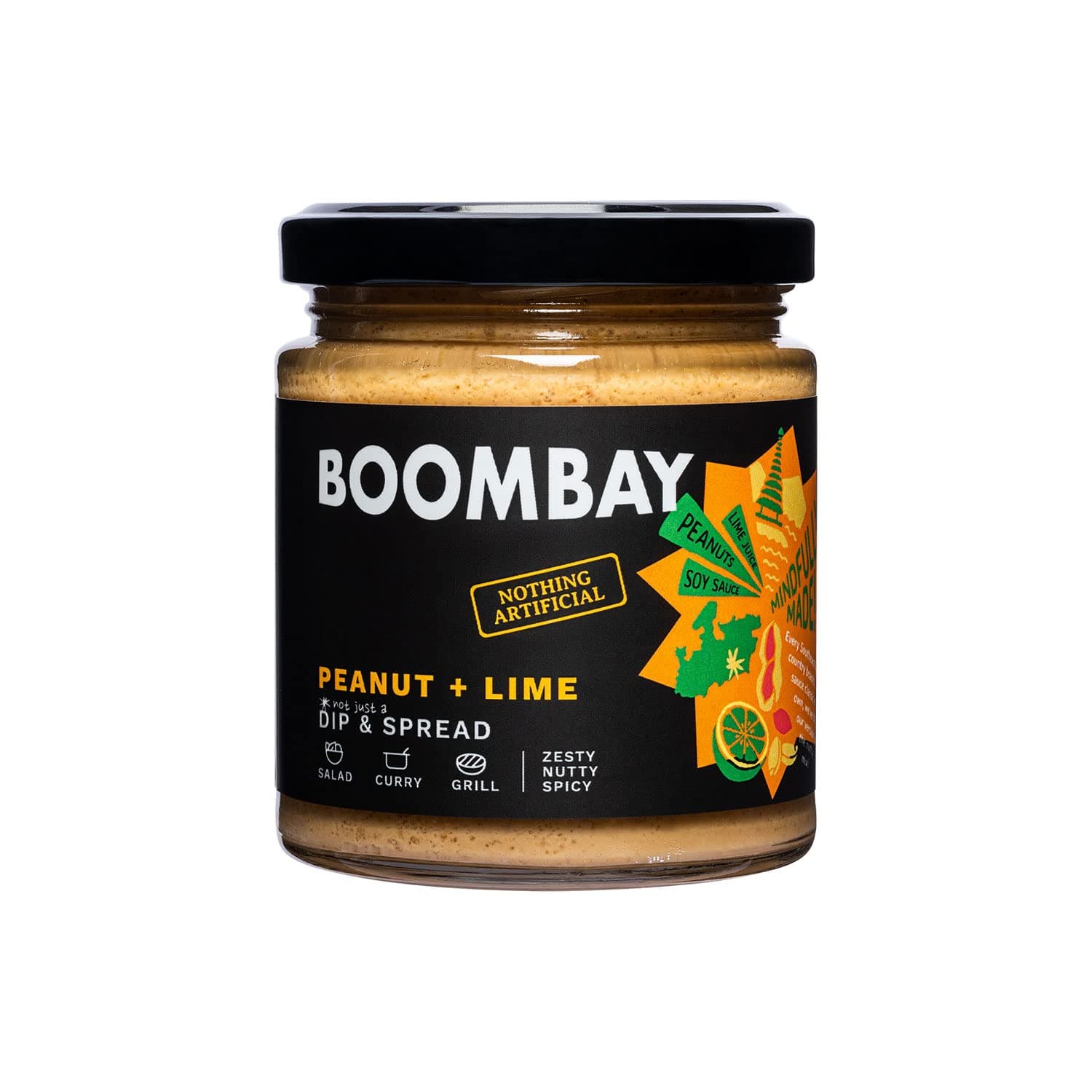 BOOMBAY Peanut Lime Dip & Spread 190g | Nothing Artificial, No Bad Oils, No Refined Sugars | Plant Based | No Onion or Garlic Use as a Salad Dressing, Curry Paste, Marinade for Grill, Spread on Bread