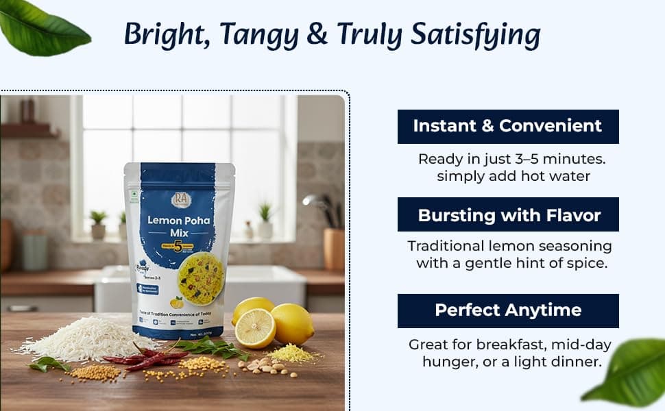 RA Desi Flavors Instant Lemon Poha Mix 2x200g | Ready in 5 min- Just add hot water | Breakfast & Snack | No preservatives | Nutritionist crafted | Vegan | No Onion & Garlic | Travel friendly — image 5