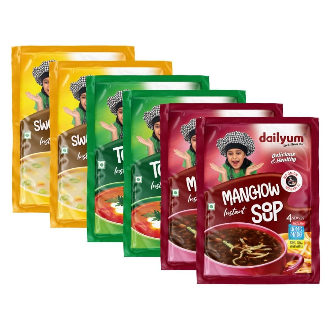 Dailyum Instant Soup Combo Of 6 | No Onion Garlic | 2 Manchow Soup | 2 Tomato Soup | 2 Sweetcorn Soup | Natural | No MSG | Jain | 50g Each — image 2