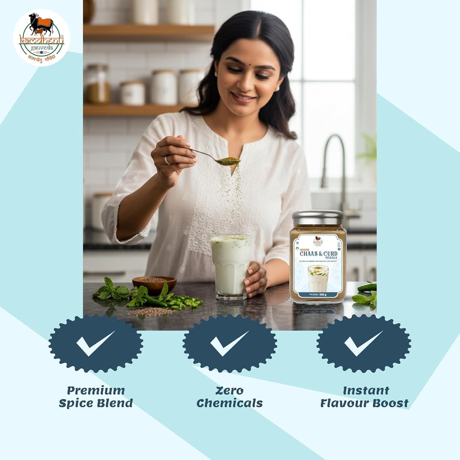 Kamdhenu Gauveda ChatPata Spice Masala | Blend With Natural Ingredients Cumin, Coriander, Pudina, Salt, Jeera | No Preservatives | No Onion No Garlic | Pack In Premium Organic Glass Jar With Steel Cap (Chaas & Curd Masala, 200g ) — image 6