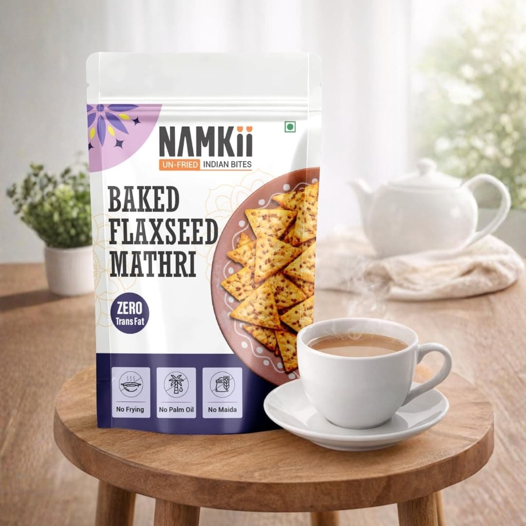NAMKII Baked Flaxseed Mathri | Baked Not Fried, No Maida, No Palm Oil | Zero Trans Fat, Low Saturated Fat | Healthy Snacks, Mathri, Namkeen | Perfect for tea-time snacking, mid-night cravings, or tiffins | 175 g (Pack of 1) — image 4