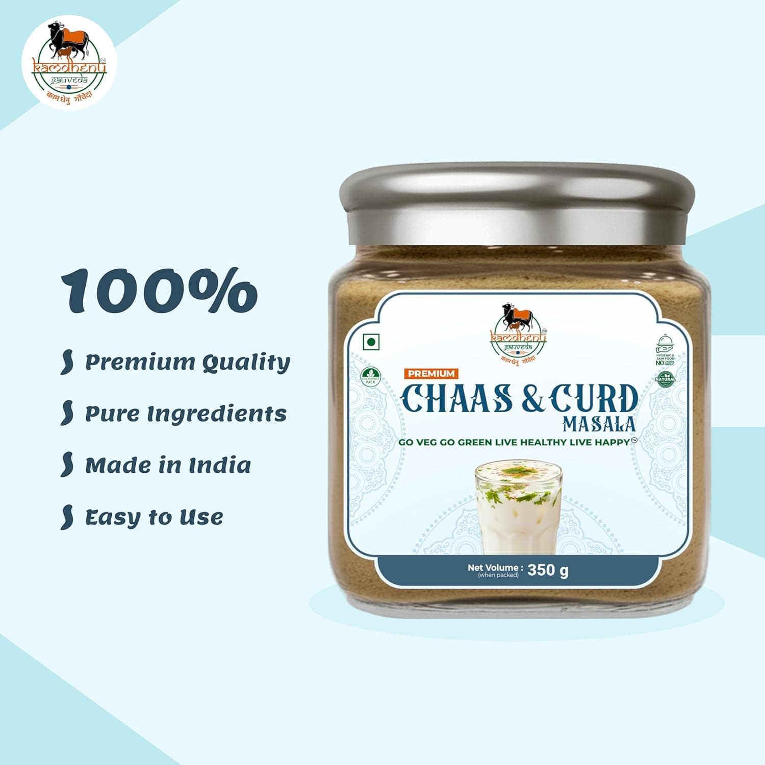 Satvik Sanatani Sawaminaryan, Jain, Vegan Tangy Street-Style Panjabi Chaas Masala | Gujarati Chaas Masala | Blend Natural Ingredients Cumin, Coriander, Pudina, Pink & Black Salt | No Preservatives | FSSAI Certified | No Onion No Garlic | Pack In Premium Organic 350g Glass Jar With Steel Cap (Chaas & Curd Masala) — image 3