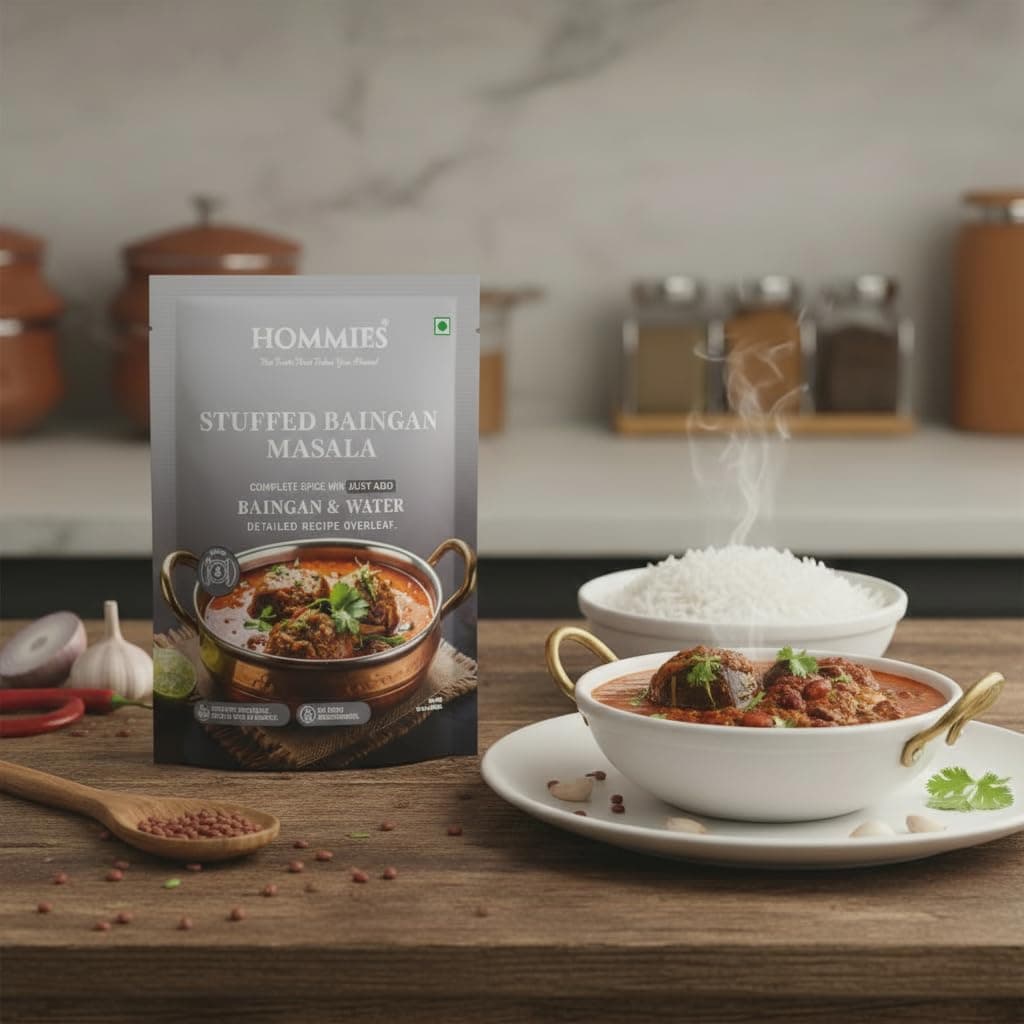 Hommies Stuffed Baingan Bharta Masala Spice Mix | Ready to Cook in 15 Mins | Just Add Eggplant & Water | Serves 4 | Authentic Curry Masala with Groundnut | No Preservatives | Pack of 4 (200g, 50g Each) — image 5