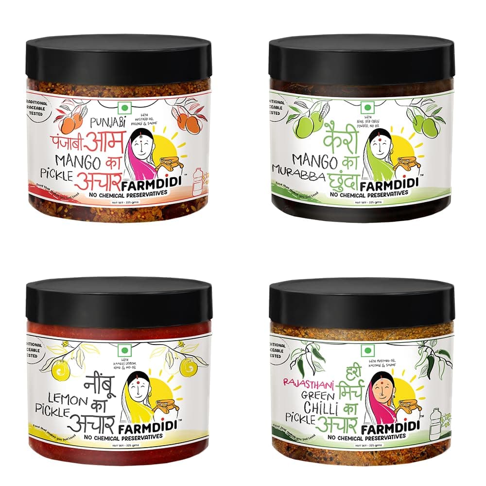 FarmDidi Jain-Friendly Pickle Combo – Pack of 4 x 325g | Punjabi Mango, Mango Chunda, Crushed Lemon & Rajasthani Green Chilli Pickles | No Onion & Garlic | Homemade | Less Oil | Preservative-Free — image 2