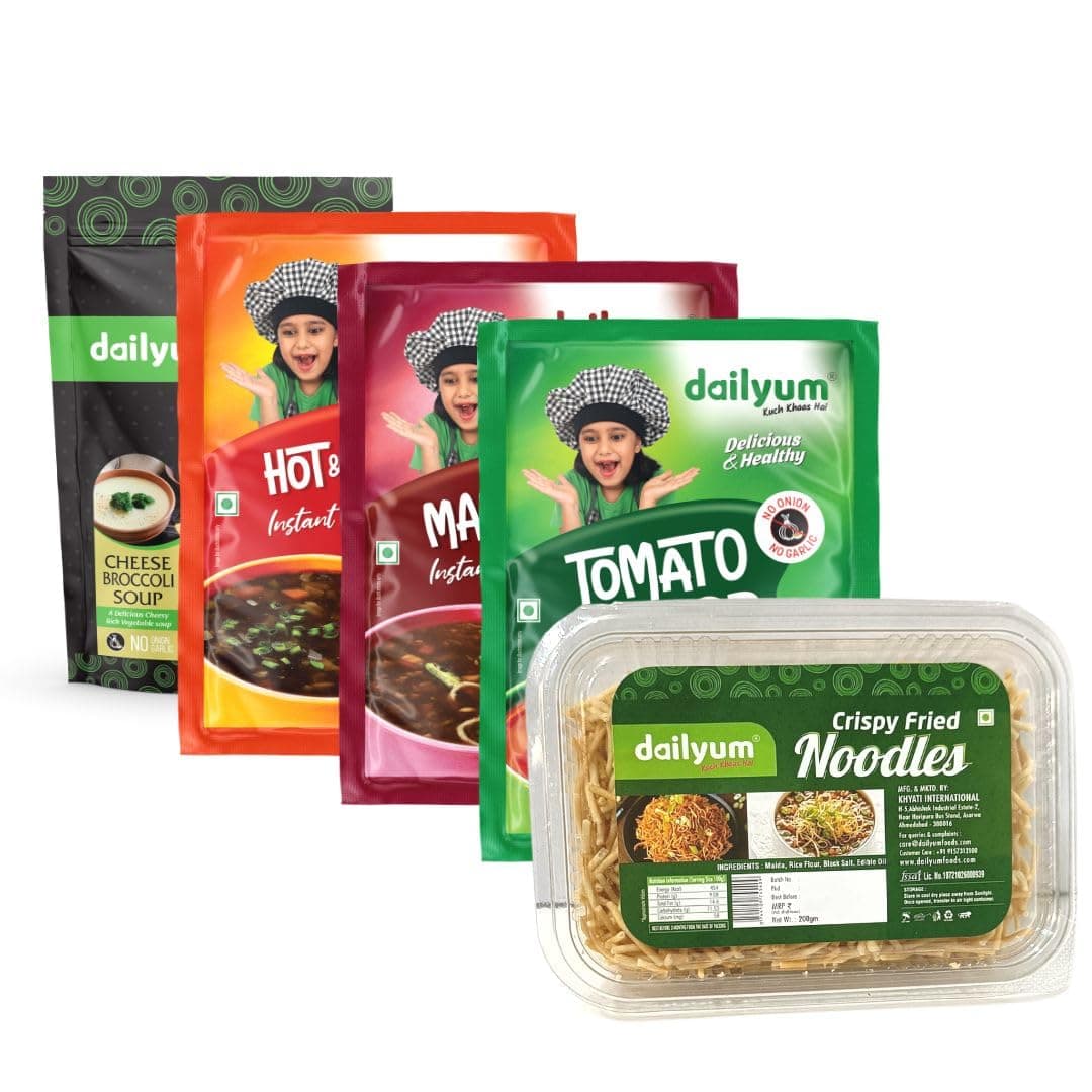 Dailyum Instant Soup Combo of 5| No Onion No Garlic | Hot & Sour Soup 50g | Tomato Soup 50g | Manchow Soup 50g | Cheese Broccoli 50g | Crispy Fried Noodles 200 Gram| Jain — image 2