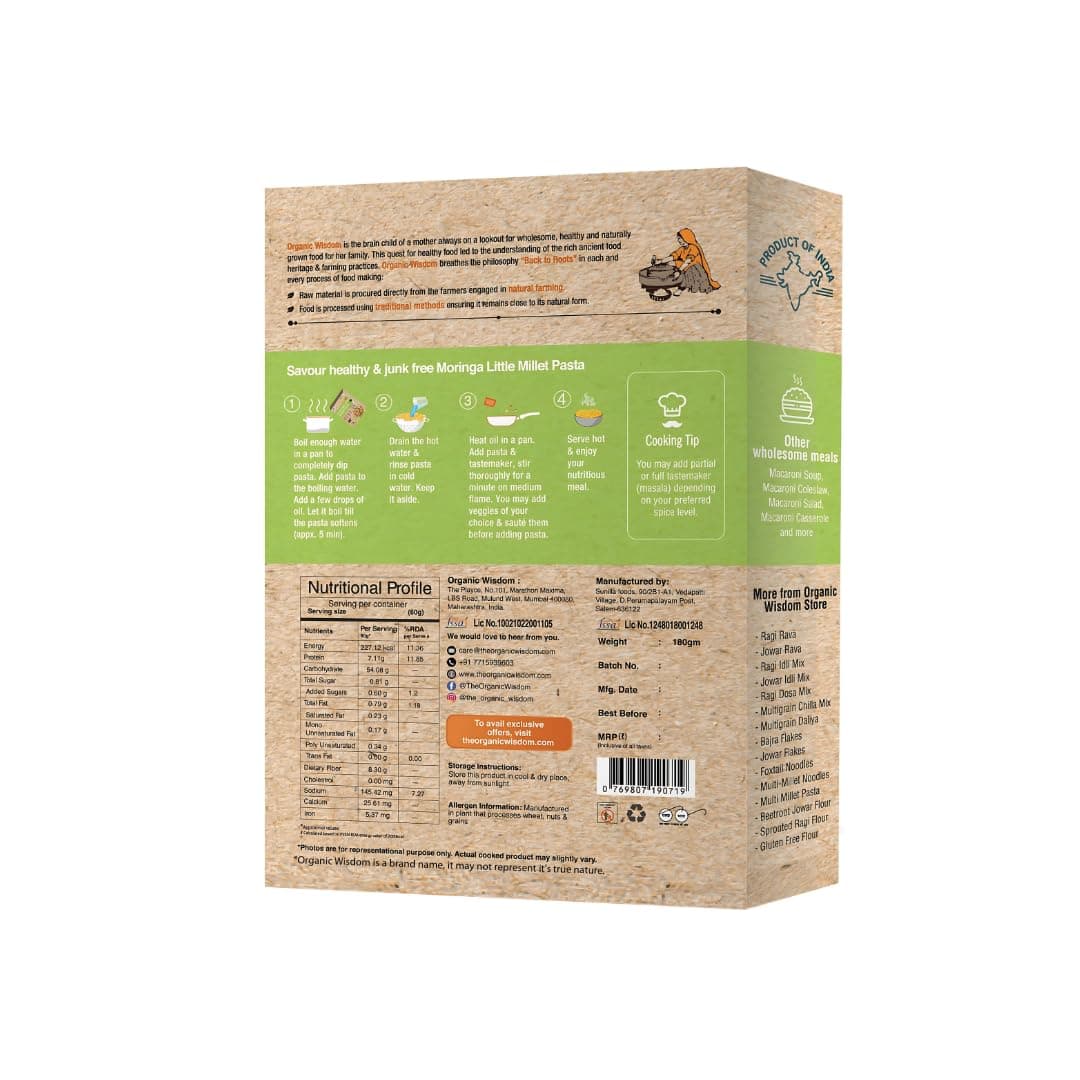 Organic Wisdom-Back to Roots Moringa Little Millet Macaroni, 180 g | Millet Pasta | No Maida, No MSG, No Refined Oil |Rich in Vitamin B & Antioxidants | No Maida, No MSG — image 9