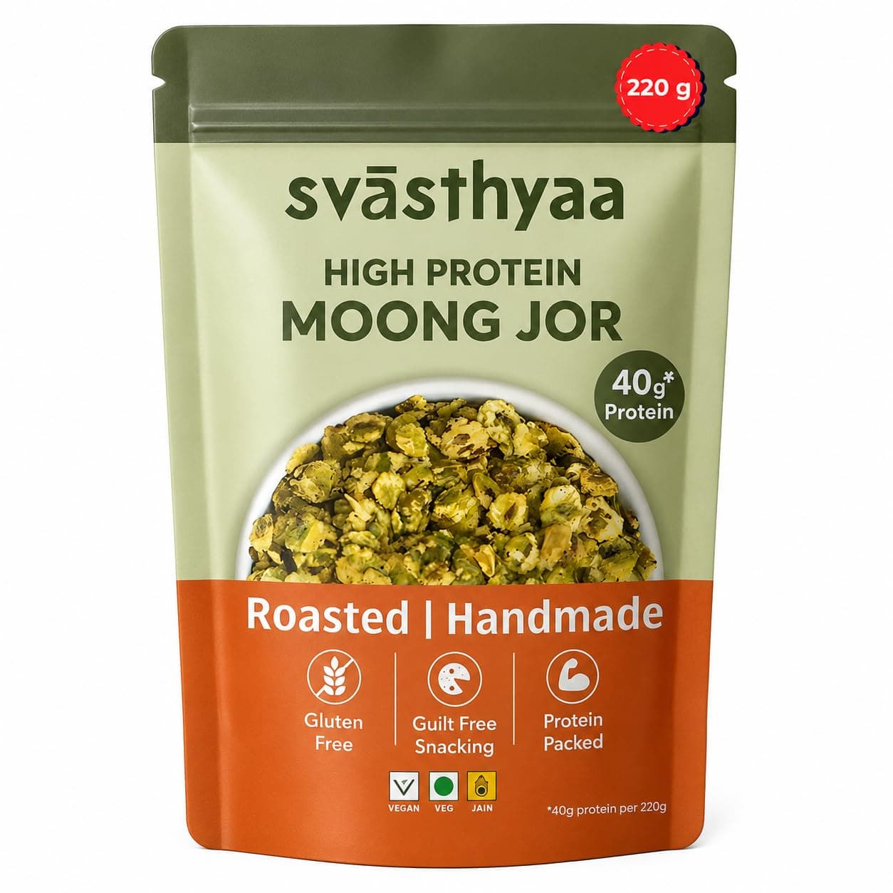 Svasthyaa High Protein Moong Jor | Roasted Moong Dal Namkeen Snack | Healthy Vegetarian Dal Snack | Gluten Free, Vegan & Jain | Breakfast, Travel & Kids | 220g