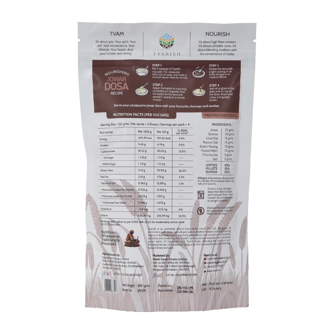 Tvarish Instant Jowar Dosa Mixes (2 * 200g) | Millet, Lentil & Quinoa based | Gluten Free | No Maida, No Preservatives, No Rice, No Baking Soda | Healthy South Indian Breakfast — image 3