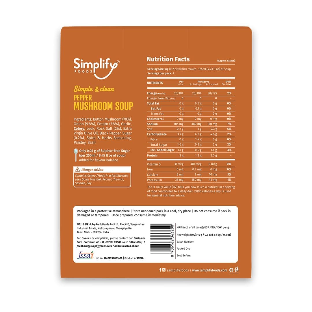 Simplify Foods Pepper Mushroom Instant Soup | Pack of 2 Single-Serve Sachets (Each Makes ~125 ml) | Made with 70% Real Mushroom & Cracked Pepper | Just Add Hot Water | Travel-Friendly | Clean Label | 0% Additives or Preservatives — image 2