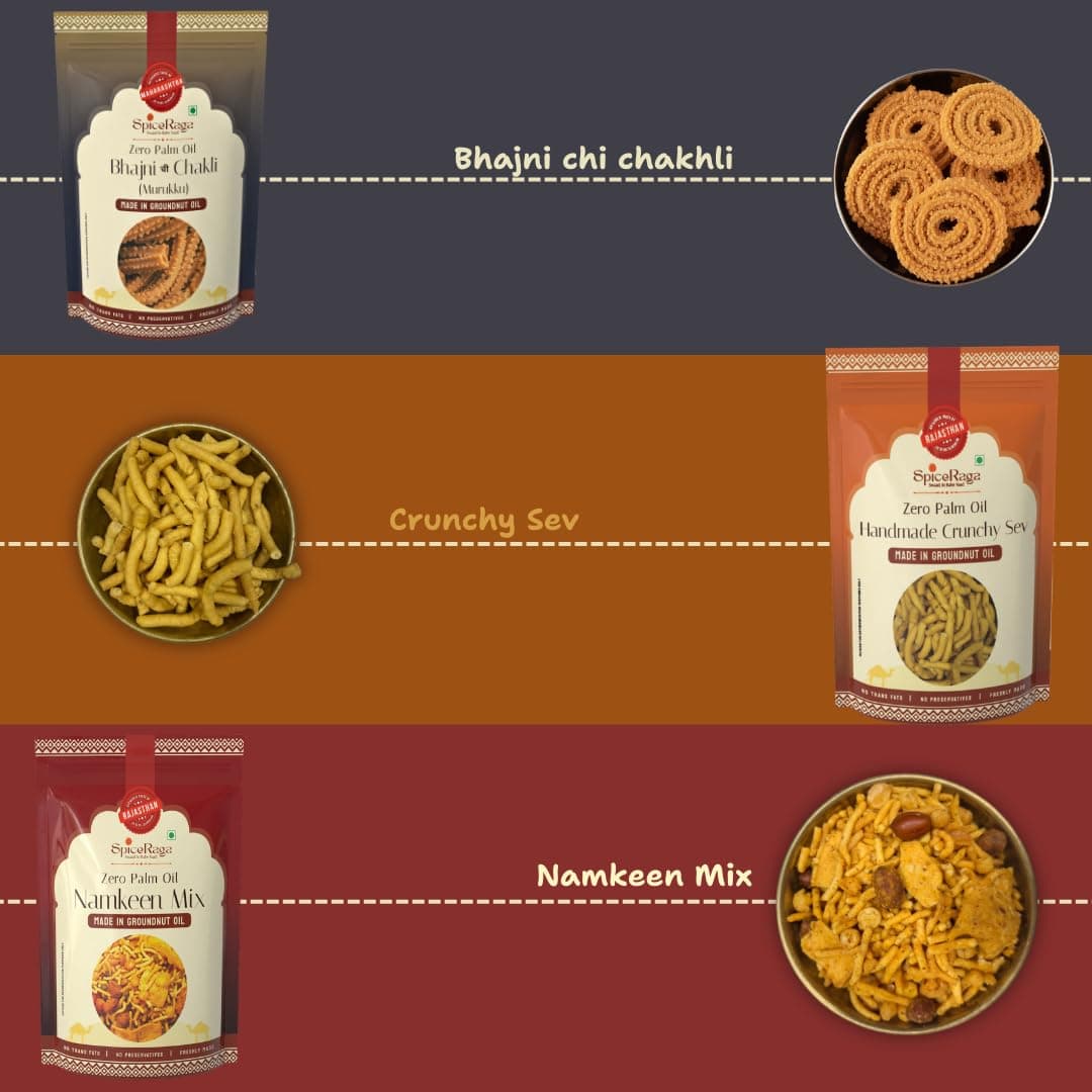 SpiceRaga | Bikaneri Bhujia, Dalmoth, Mix Namkeen, Hing Masala Peanuts, Bhajni Chi Chakli, Crunchy Sev (Pack of 6)| Made With Pure Groundnut Oil | No Palm Oil | No Trans Fat | Indian Snacks Combo | Total 920g | — image 4