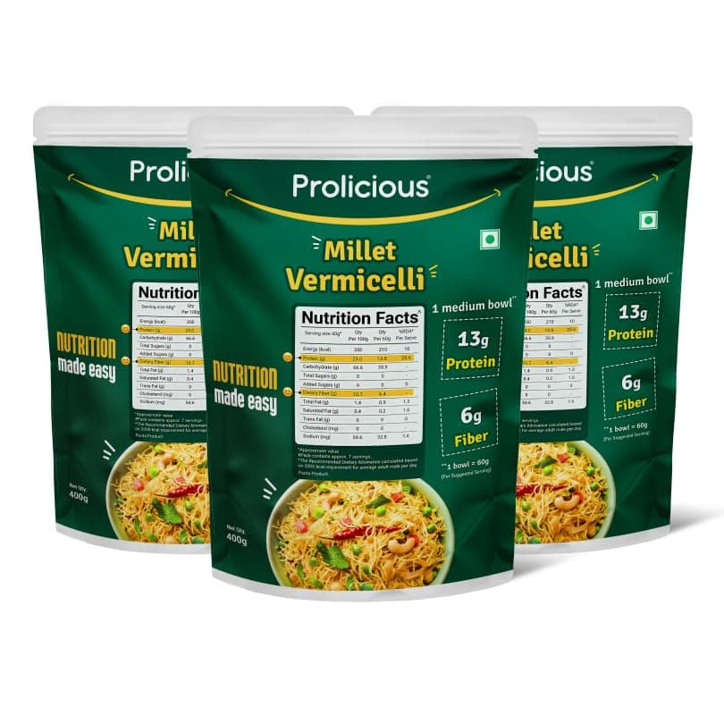 Prolicious Millet Vermicelli | High Protein & High Fiber | Nutritious | Plant Based | No Palm Oil | No Maida | Quick & Healthy Breakfast Option | 400g each (Pack of 3)