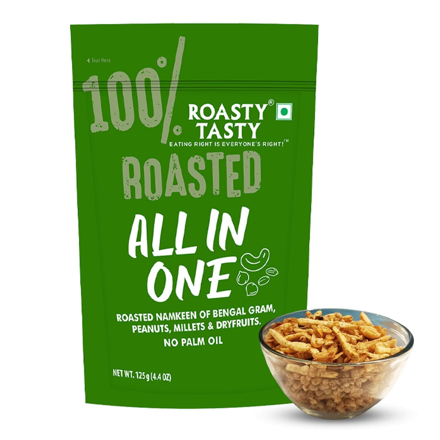 Roasty Tasty All in One | No Onion No Garlic Roasted Namkeen Mix | Healthy Indian Snack with Peanuts, Millets, Dry Fruits | All in1 Mixture Non Fried | 125g x 3 Packs | Millet Namkeen for Diet — image 2