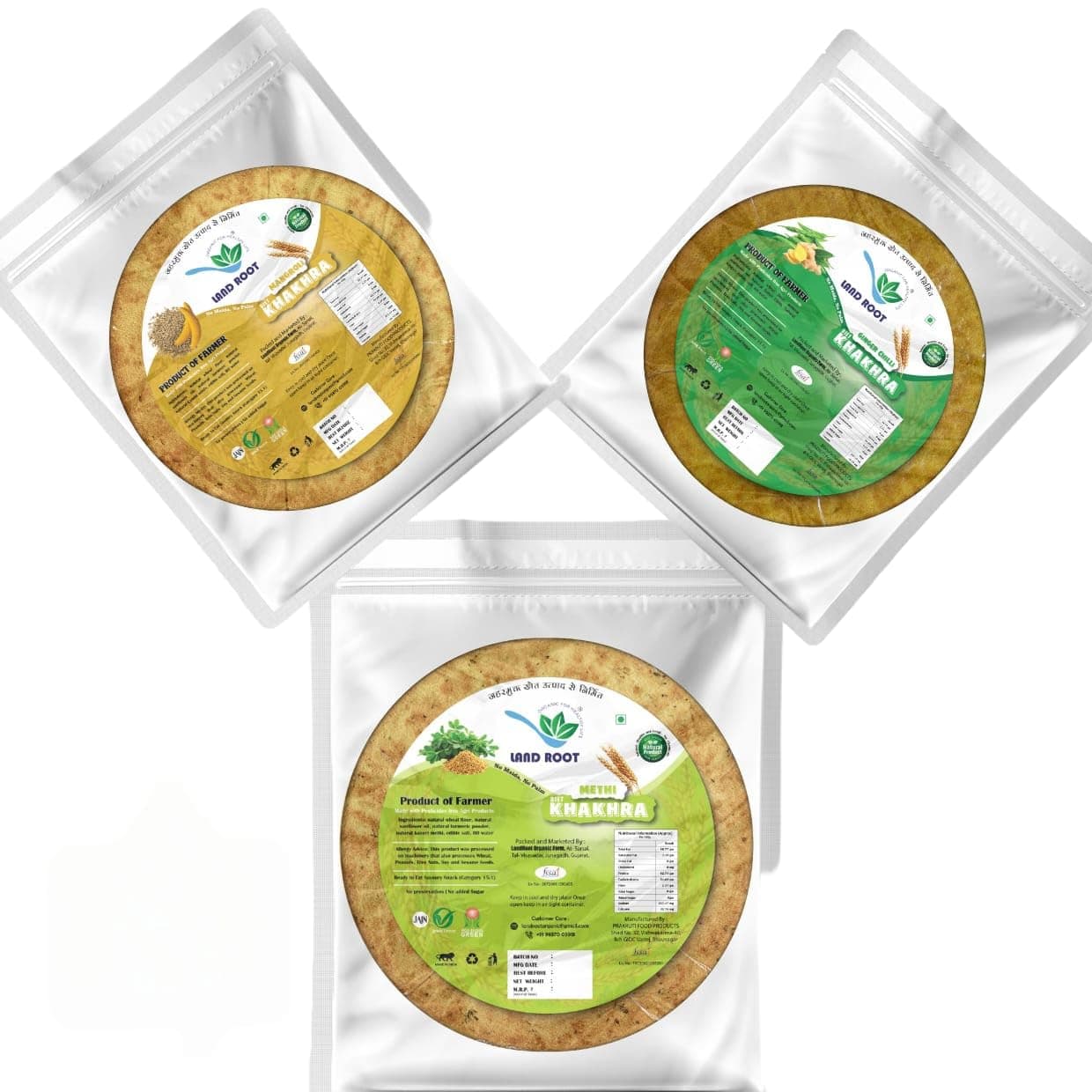 Landroot Organic Assorted Khakhra Pack | 4 Varieties (Methi, Ginger Chilli, Mangroli) | Zero Maida | Vegan & Jain Friendly | High Fiber Healthy Snack | 180g x 3 Packs — image 2