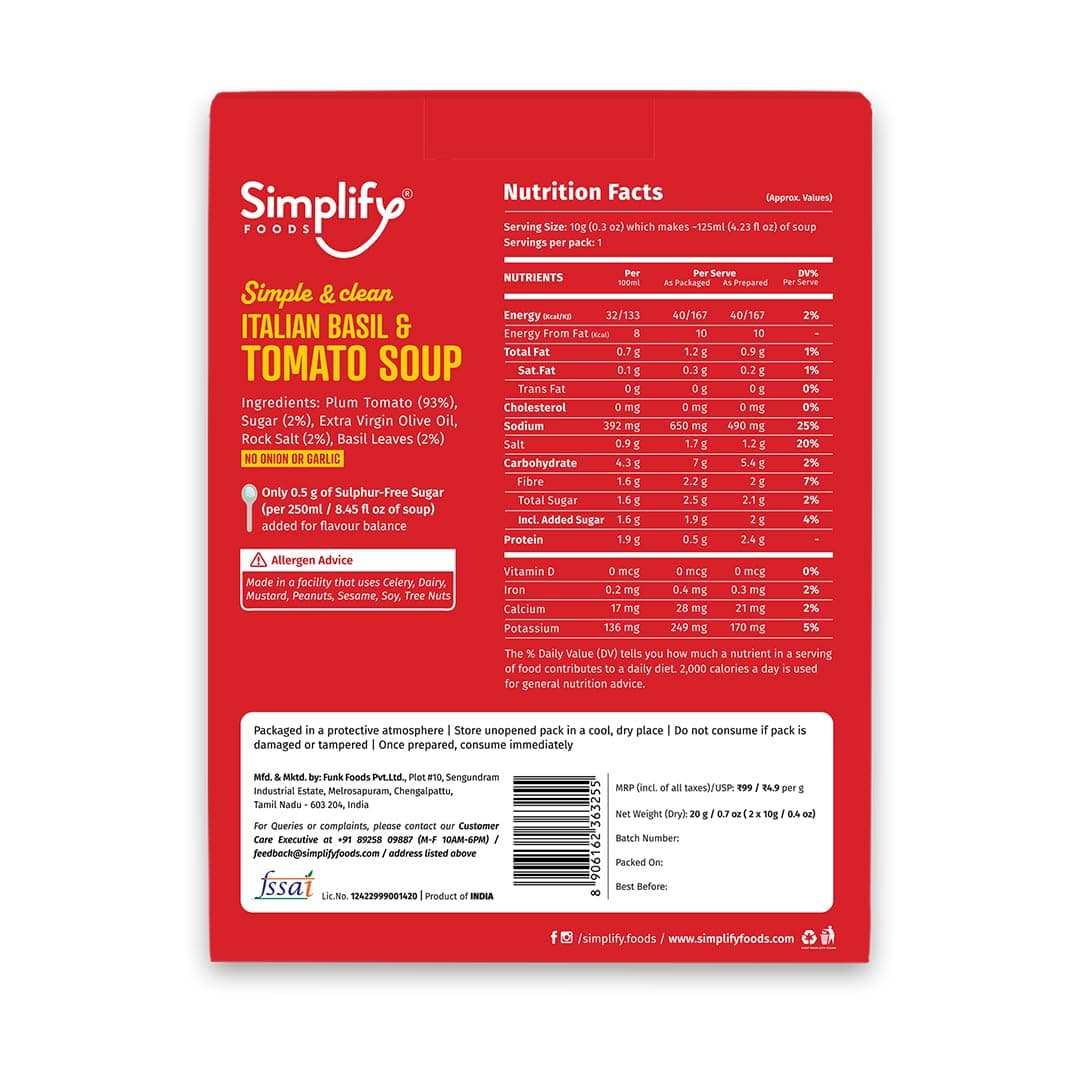 Simplify Foods Italian Basil & Tomato Instant Soup | Pack of 2 Single-Serve Sachets (Each Makes ~125 ml) | Made with 93% Real Tomato & Basil | Just Add Hot Water | Travel-Friendly | Clean Label | 0% Additives or Preservatives — image 2