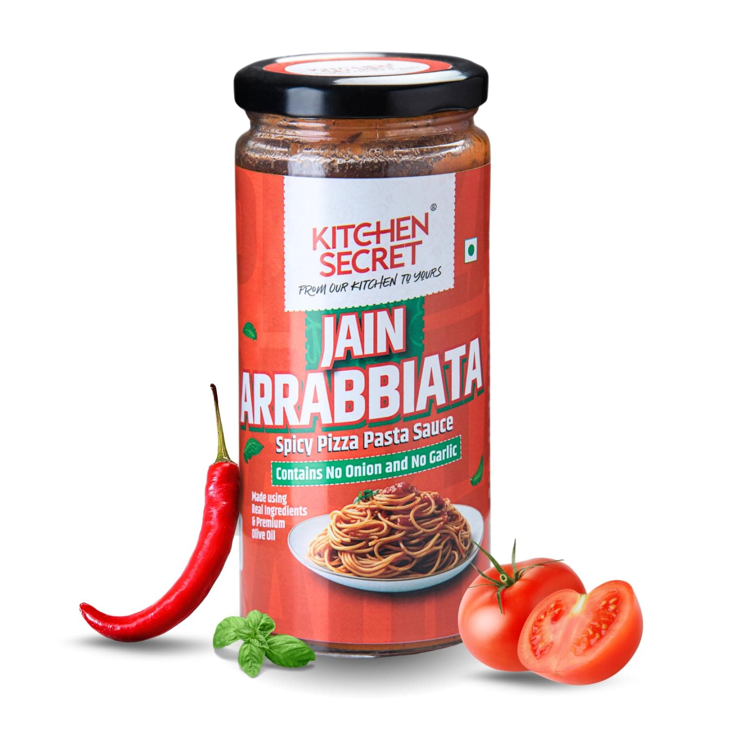 Kitchen Secret Jain Arrabbiata No Onion No Garlic Spicy Red Pizza Pasta Sauce 390g - For Pasta, Spaghetti, Pizza, Sandwiches, Wraps, Quality Ingredients, No Preservatives, Taste of Italy