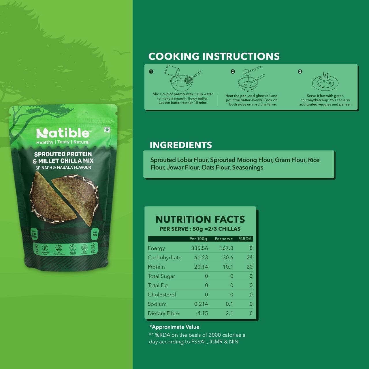 Natible Sprouted Protein & Millet Chilla Dosa Mix (Spinach Masala) Instant Breakfast Meal I Gluten Free I High Protein I No Onion No Garlic I Suitable for Kids & Adults I Travel Friendly 200g — image 2