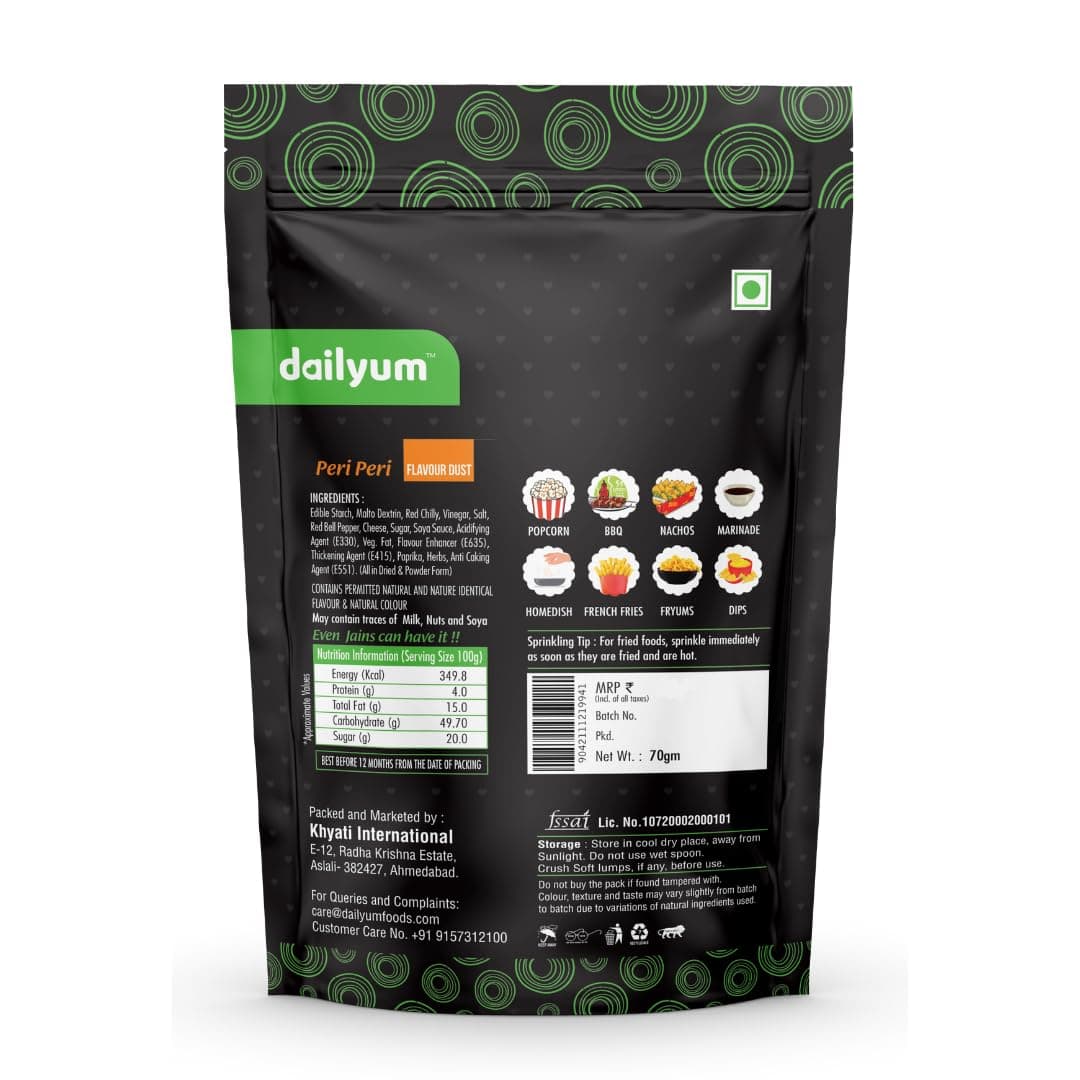 Dailyum Peri Peri Flavour Dust 70 Gram | No Onion No Garlic | Pack of 4 | 70 Gram Each | Peri Peri Seasoning — image 4