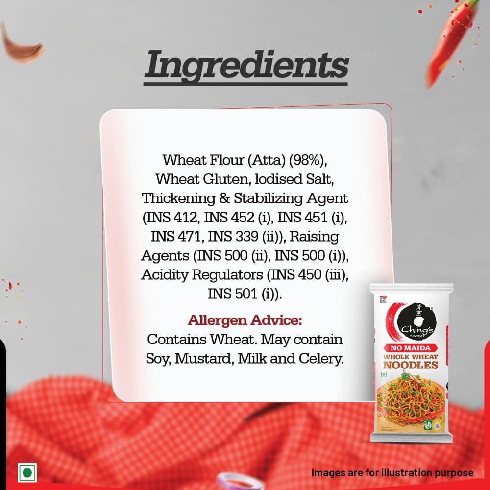 Ching’s Secret Whole Wheat Noodles 280g, No Maida, Air Dried/Not Fried, No Palm Oil, No MSG, High Fiber Atta Noodles (Serves 4) — image 3