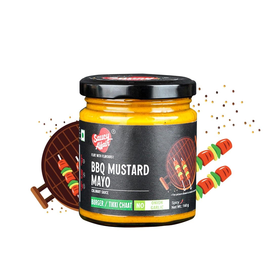 Saucy Affair NONG Barbeque Sauce | Tandoori Sauce | BBQ Sauce | Spicy Smoky Sauce for Chicken Grill & Paneer | BBQ Mustard Mayo | Ready-to-Eat | No Onion, No Garlic (NONG), 160 gram
