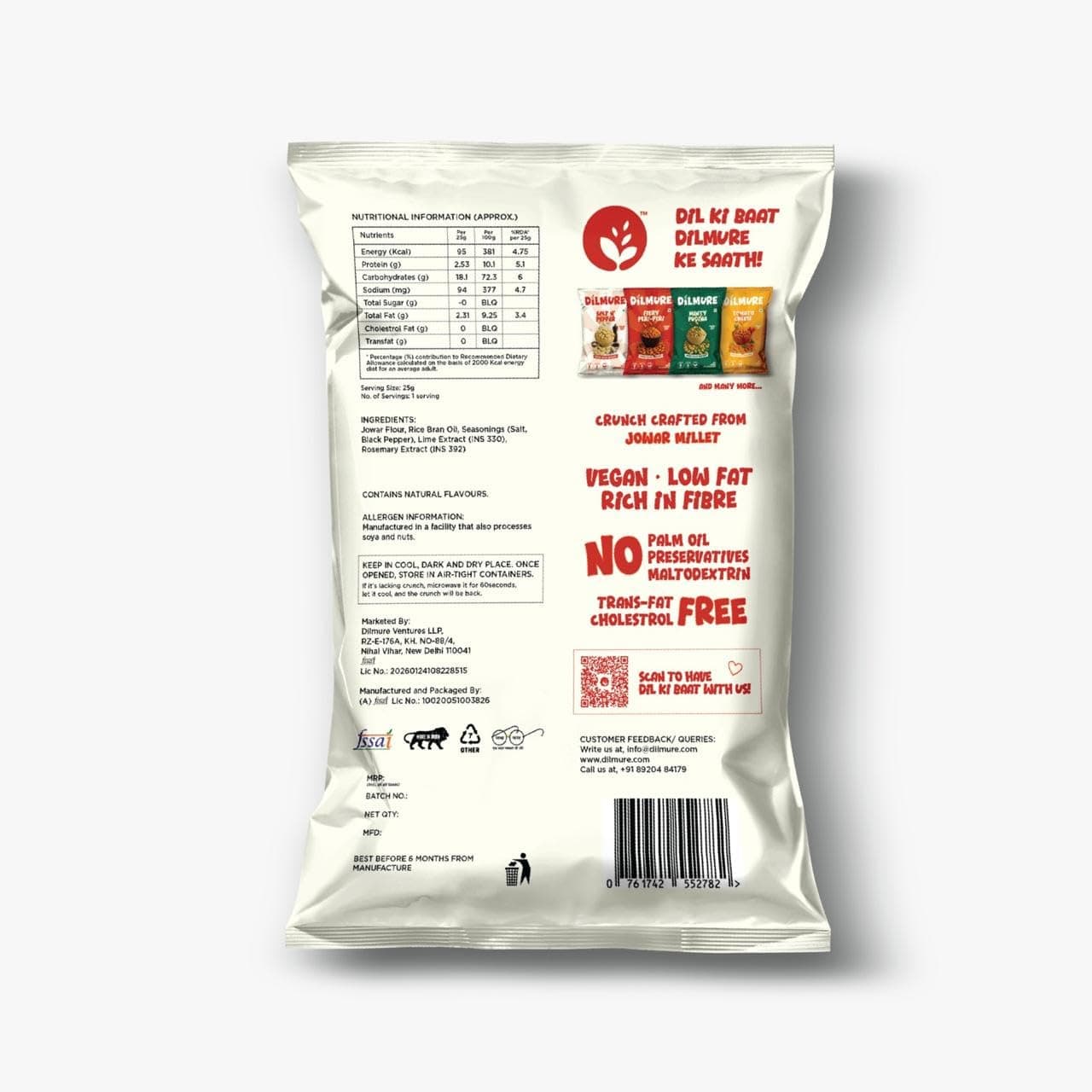 DILMURE No Onion No Garlic Jowar Millet Munchies Combo Pack – Minty Pudina & Salt n Pepper (25G Each) | Roasted Healthy Snacks | No Preservatives, No MSG, No Maltodextrin | Palm Oil Free | Zero Cholesterol, Zero Trans Fat | Gluten-Free Millet Snack (Pack of 10) — image 3