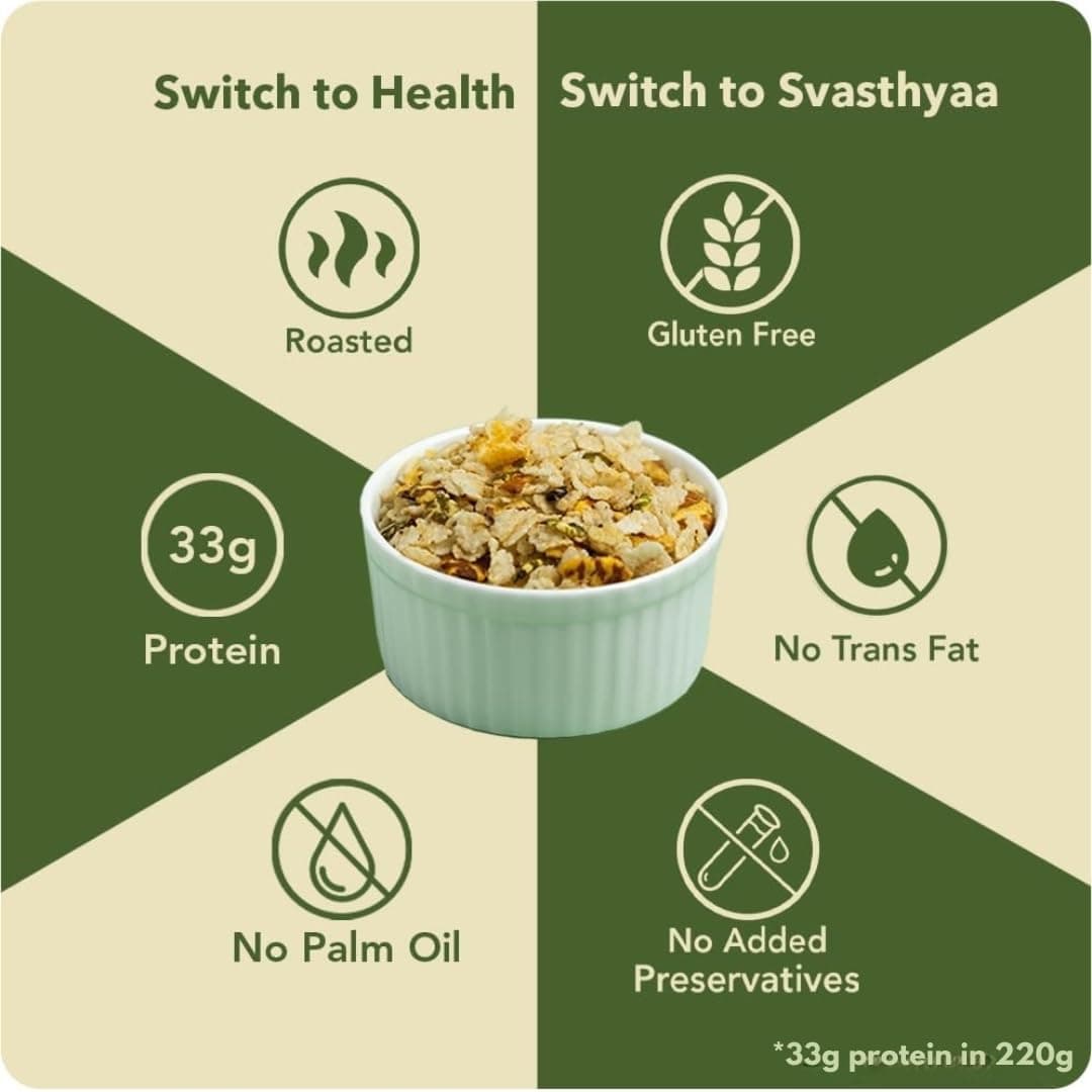 Svasthyaa High Fibre Millet Mix | Roasted Chivda Namkeen with Jowar, Chana Jor, Moong Jor & Corn Flakes | Healthy Ready to Eat, Sugar Free, Gluten Free, Diabetic Friendly Jain Snack | Protein Rich 220g - Pack of 1 — image 2