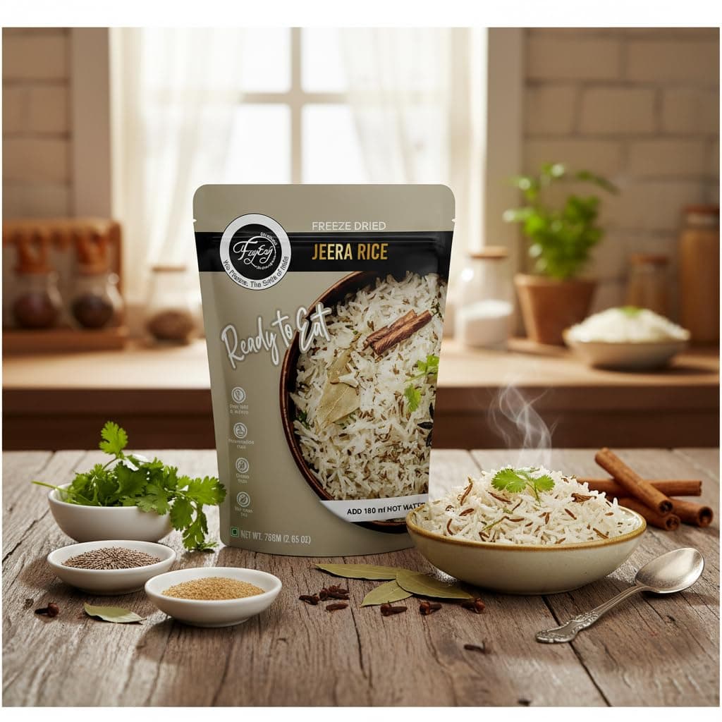 FzyEzy Freeze-Dried Jeera Rice | Ready-to-Eat Instant Meal | Authentic Indian Cumin Rice | No Preservatives | Travel-Friendly Pack (75g) — image 6