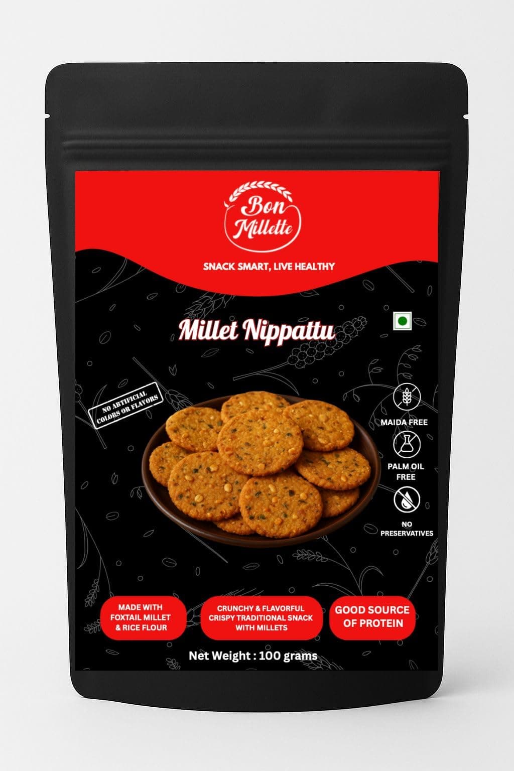 Millet Nippattu 100g | Traditional South Indian Crunchy Snack | Crispy Healthy | Made with Millets | No Palm Oil or Preservatives | No Artificial Flavours