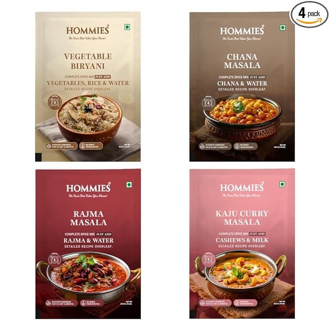 Hommies Mixed Curry Spice Combo (Pack of 4) | Vegetable Biryani, Chana/Chole Masala, Rajma Masala & Kaju Curry Masala | Ready to Cook | Just Add Basics | Serves 4 Each | Vegetarian | No Preservatives| Pack of 4 (50g Each, Total 200g) (Combo of 4-3)